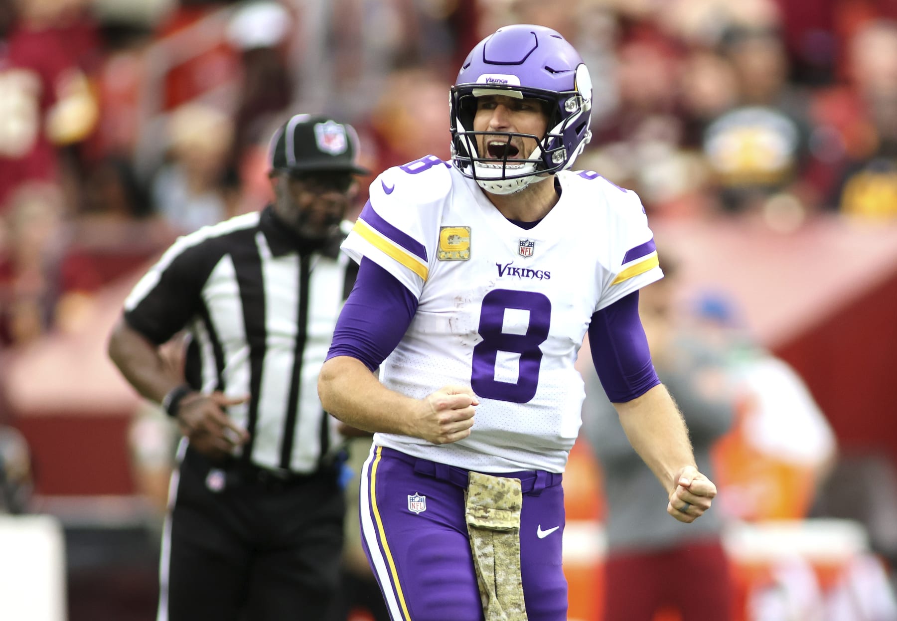 Minnesota Vikings quarterback Kirk Cousins (8) reacts to a call during an NFL football game against the Washington Commanders, Sunday, November 06, 2022 in Landover. (AP Photo/Daniel Kucin Jr.)