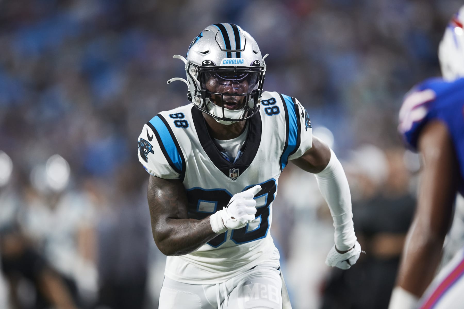 Carolina Panthers wide receiver Terrace Marshall Jr. (88) runs a route during an NFL preseason football game against the Buffalo Bills, Saturday, Aug. 26, 2022, in Charlotte, N.C. (AP Photo/Brian Westerholt)