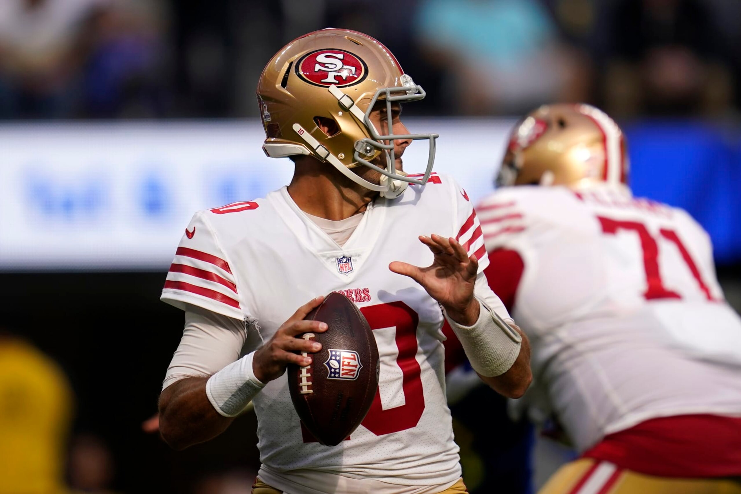 San Francisco 49ers quarterback Jimmy Garoppolo passes during the second half of an NFL football game against the Los Angeles Rams Sunday, Oct. 30, 2022, in Inglewood, Calif. (AP Photo/Ashley Landis)
