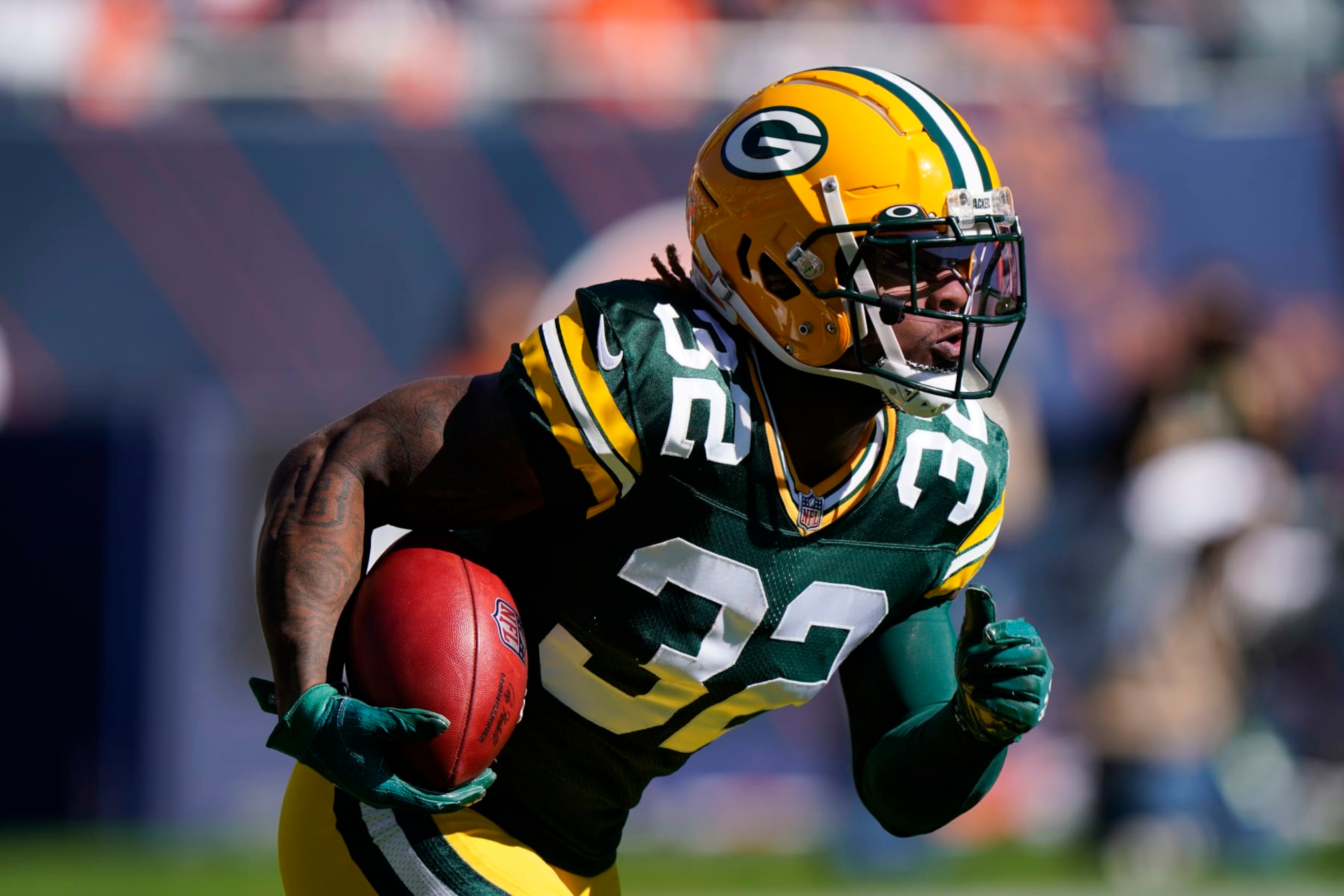 Green Bay Packers running back Kylin Hill runs with the ball during the first half of an NFL football game against the Chicago Bears Sunday, Oct. 17, 2021, in Chicago. (AP Photo/Nam Y. Huh) Green Bay Packers running back Kylin Hill runs with the ball during the first half of an NFL football game against the Chicago Bears Sunday, Oct. 17, 2021, in Chicago. (AP Photo/Nam Y. Huh)