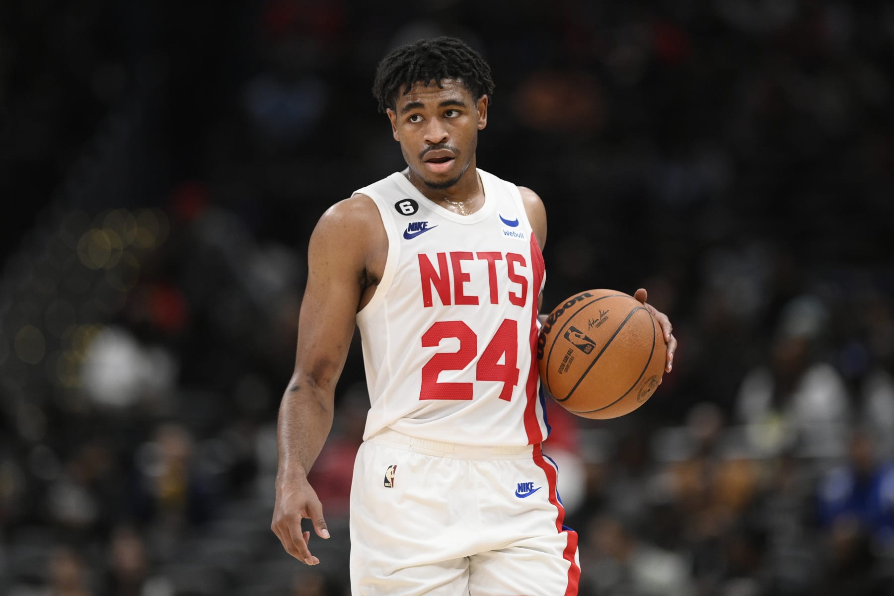 Brooklyn Nets guard Cam Thomas (24) in action during the second half of an NBA basketball game against the Washington Wizards, Friday, Nov. 4, 2022, in Washington. (AP Photo/Nick Wass)
