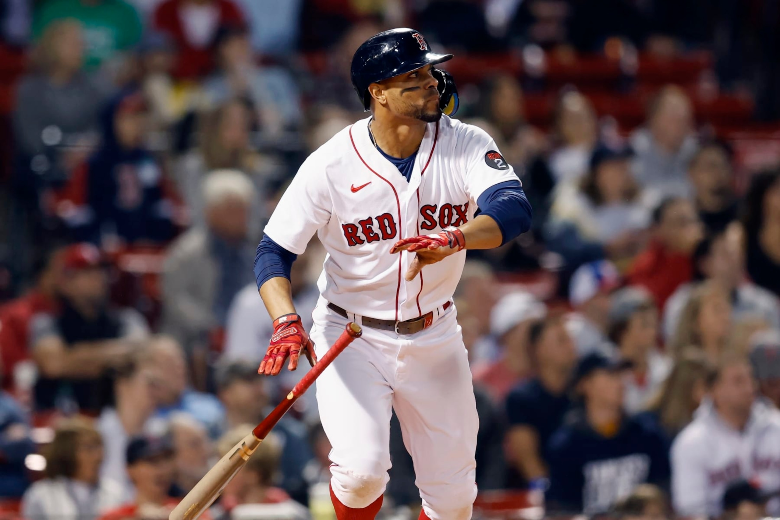 Boston Red Sox's Xander Bogaerts watches his line out during the first inning of a baseball game against the Baltimore Orioles, Monday, Sept. 26, 2022, in Boston. (AP Photo/Michael Dwyer) Boston Red Sox's Xander Bogaerts watches his line out during the first inning of a baseball game against the Baltimore Orioles, Monday, Sept. 26, 2022, in Boston. (AP Photo/Michael Dwyer)