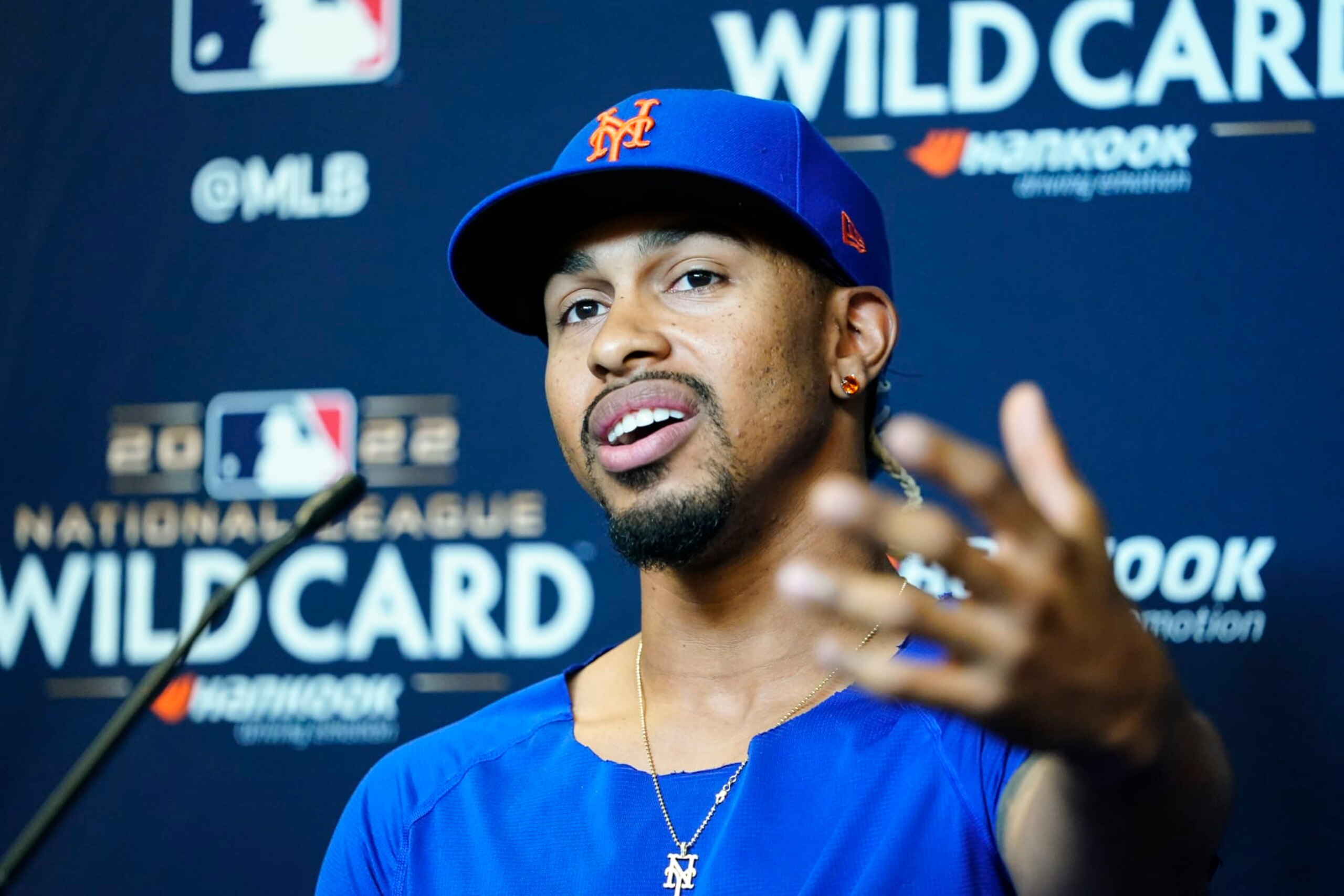 New York Mets' Francisco Lindor speaks during a news conference the day before a wild-card baseball playoff game against the San Diego Padres, Thursday, Oct. 6, 2022, in New York. (AP Photo/Frank Franklin II) New York Mets' Francisco Lindor speaks during a news conference the day before a wild-card baseball playoff game against the San Diego Padres, Thursday, Oct. 6, 2022, in New York. (AP Photo/Frank Franklin II)