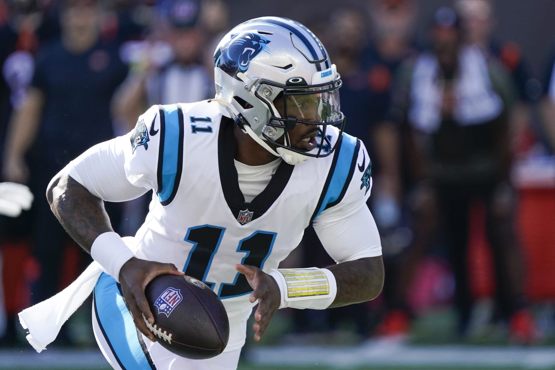 Carolina Panthers quarterback PJ Walker (11) looks to hand the ball off during the first half of a NFL football game between the Cincinnati Bengals and the Carolina Panthers, Sunday, Nov. 6, 2022 in Cincinnati. (AP Photo/Joshua A. Bickel) Carolina Panthers quarterback PJ Walker (11) looks to hand the ball off during the first half of a NFL football game between the Cincinnati Bengals and the Carolina Panthers, Sunday, Nov. 6, 2022 in Cincinnati. (AP Photo/Joshua A. Bickel)