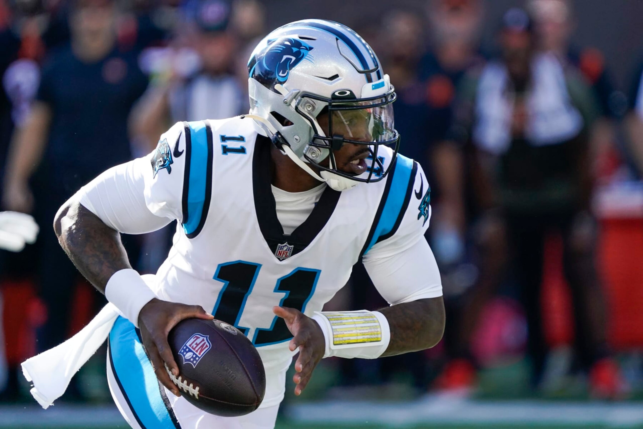 Carolina Panthers quarterback PJ Walker (11) looks to hand the ball off during the first half of a NFL football game between the Cincinnati Bengals and the Carolina Panthers, Sunday, Nov. 6, 2022 in Cincinnati. (AP Photo/Joshua A. Bickel) Carolina Panthers quarterback PJ Walker (11) looks to hand the ball off during the first half of a NFL football game between the Cincinnati Bengals and the Carolina Panthers, Sunday, Nov. 6, 2022 in Cincinnati. (AP Photo/Joshua A. Bickel)