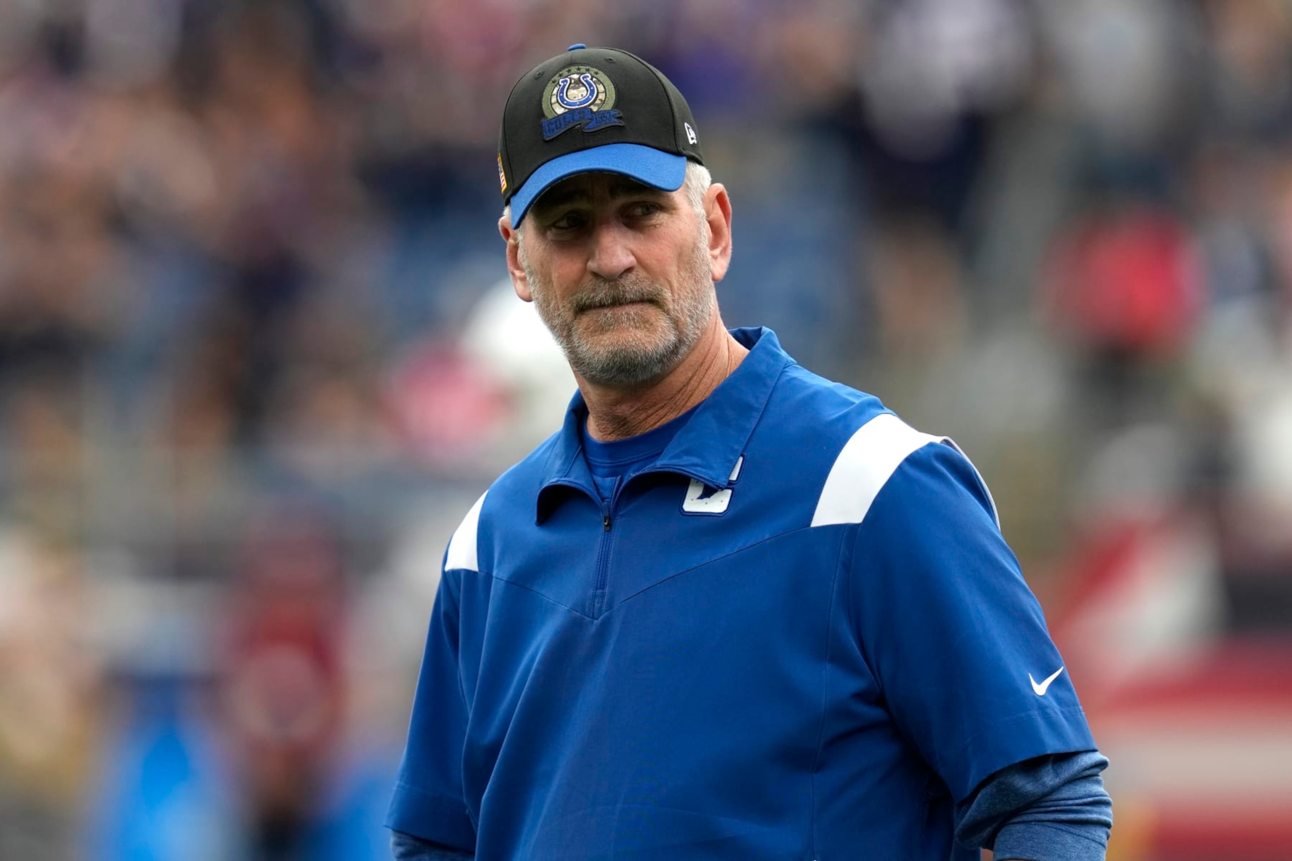 Indianapolis Colts head coach Frank Reich during an NFL football game between the Indianapolis Colts and the New England Patriots, Sunday, Nov. 6, 2022, in Foxborough, Mass. (AP Photo/Charles Krupa)