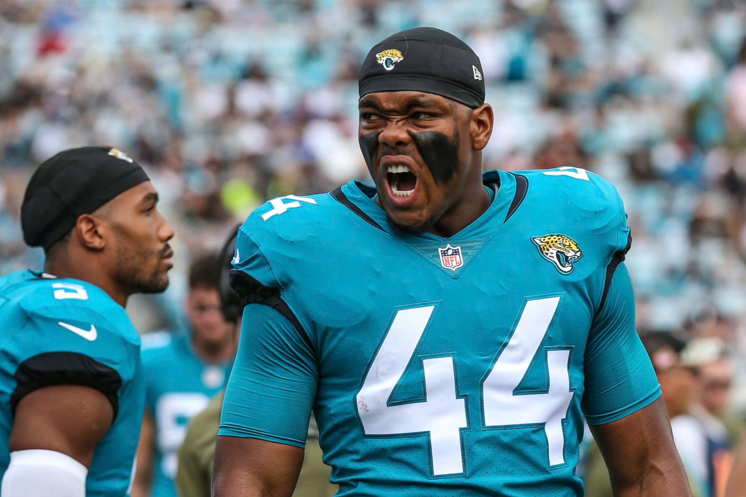 Jacksonville Jaguars linebacker Travon Walker (44) spurs on his teammates before an NFL football game against the Las Vegas Raiders on Sunday, Nov. 6, 2022, in Jacksonville, Fla. (AP Photo/Gary McCullough)