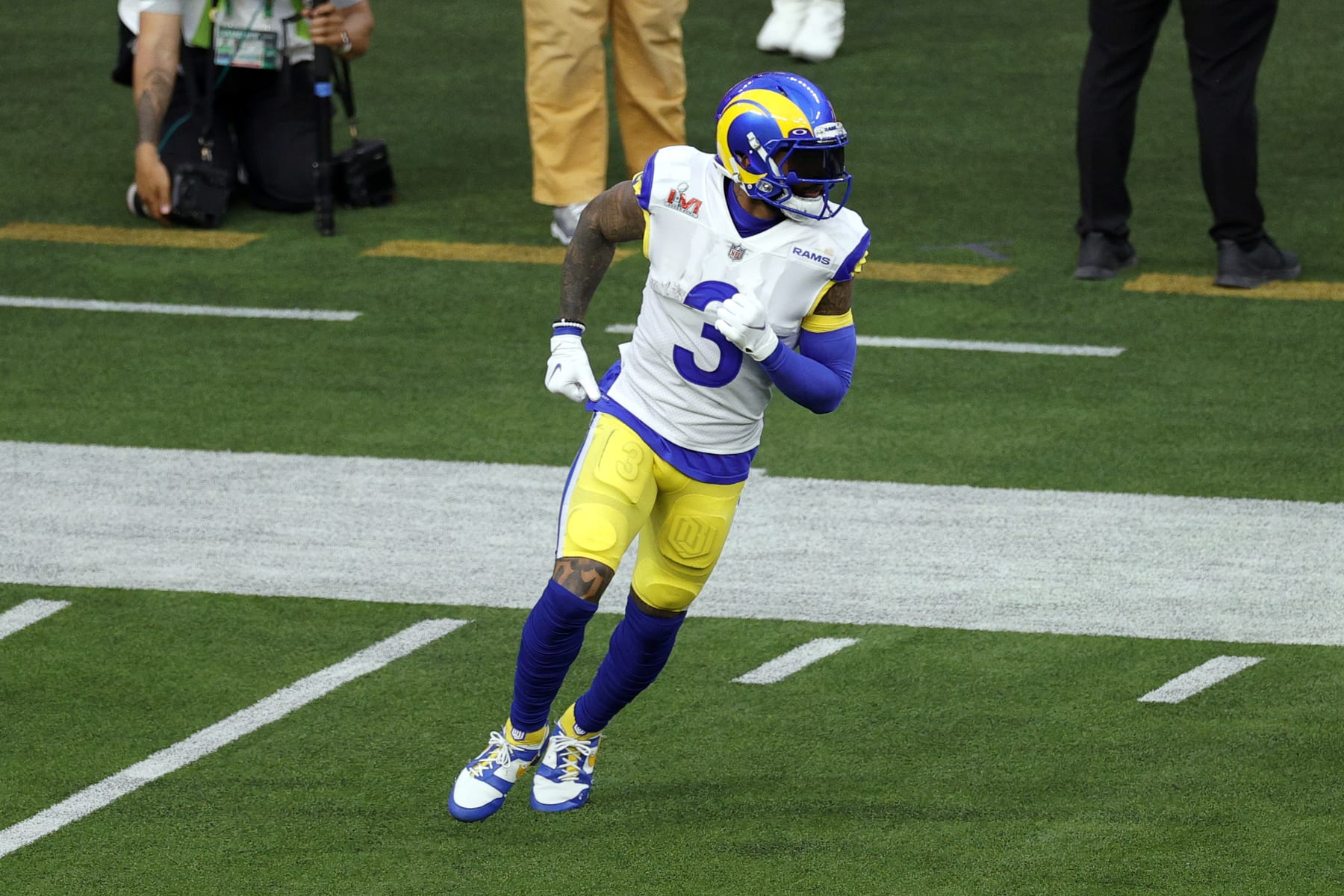 Los Angeles Rams wide receiver Odell Beckham Jr. (3) reacts after a play during the NFL Super Bowl 56 football game against the Cincinnati Bengals, Sunday, Feb. 13, 2022 in Inglewood, CA. (AP Photo/Tyler Kaufman)