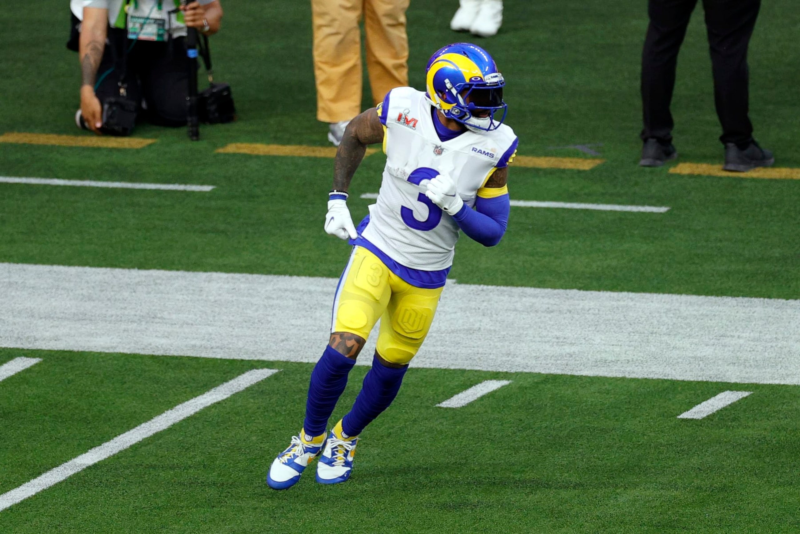 Los Angeles Rams wide receiver Odell Beckham Jr. (3) reacts after a play during the NFL Super Bowl 56 football game against the Cincinnati Bengals, Sunday, Feb. 13, 2022 in Inglewood, CA. (AP Photo/Tyler Kaufman)