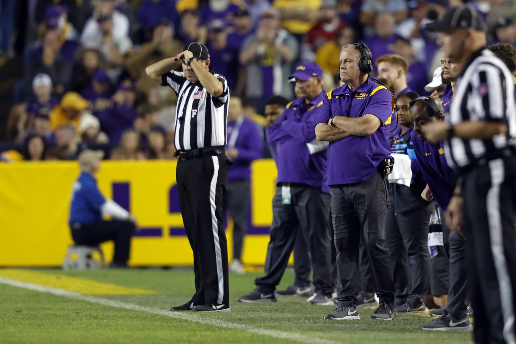 LSU head coach Brian Kelly reacts to a call during the first half of an NCAA college football game against Alabama in Baton Rouge, La., Saturday, Nov. 5, 2022. (AP Photo/Tyler Kaufman)