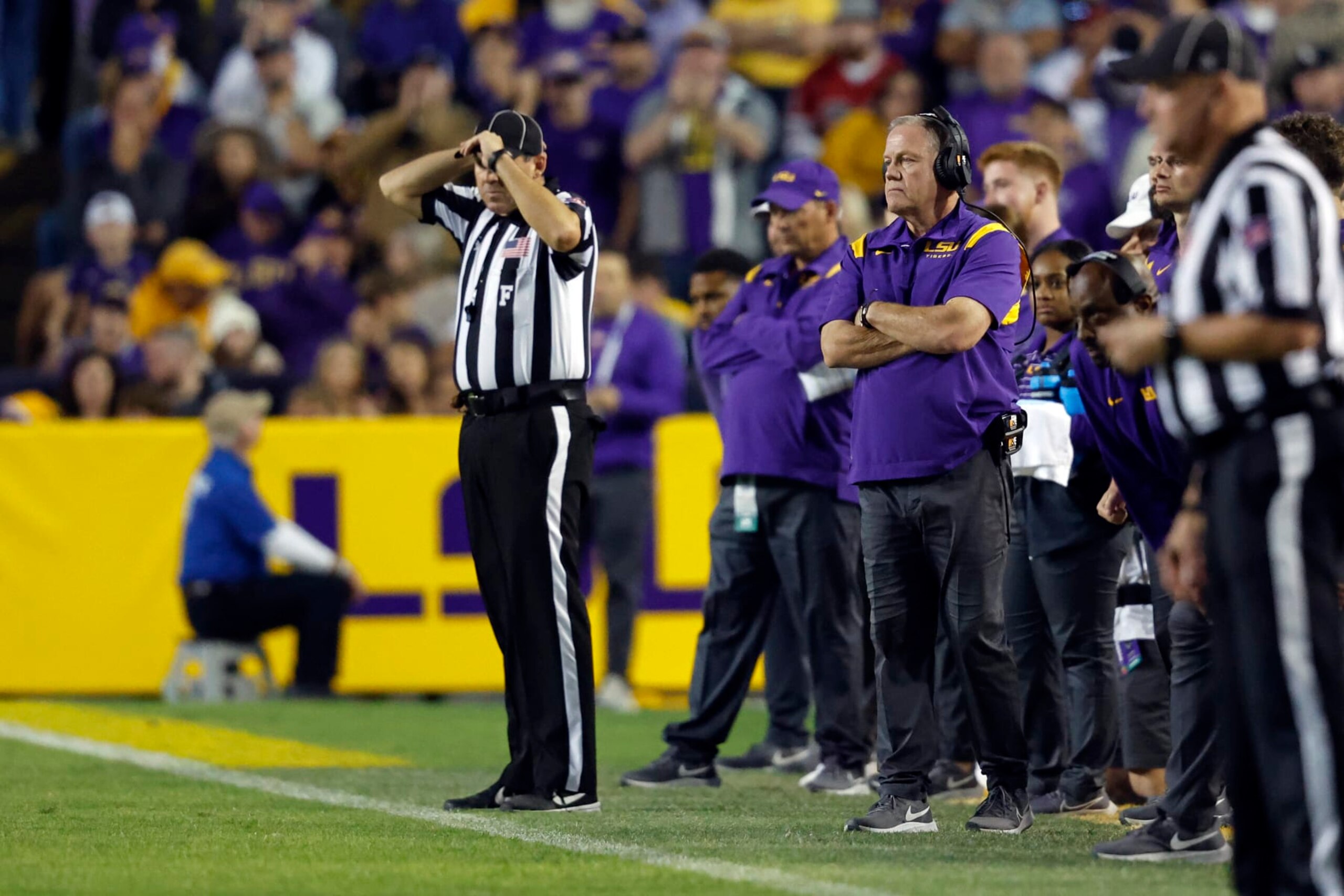 LSU head coach Brian Kelly reacts to a call during the first half of an NCAA college football game against Alabama in Baton Rouge, La., Saturday, Nov. 5, 2022. (AP Photo/Tyler Kaufman)