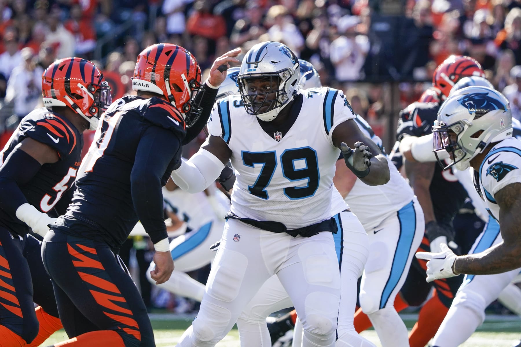 Carolina Panthers offensive tackle Ikem Ekwonu (79) blocks during the first half of a NFL football game between the Cincinnati Bengals and the Carolina Panthers, Sunday, Nov. 6, 2022 in Cincinnati. (AP Photo/Joshua A. Bickel)