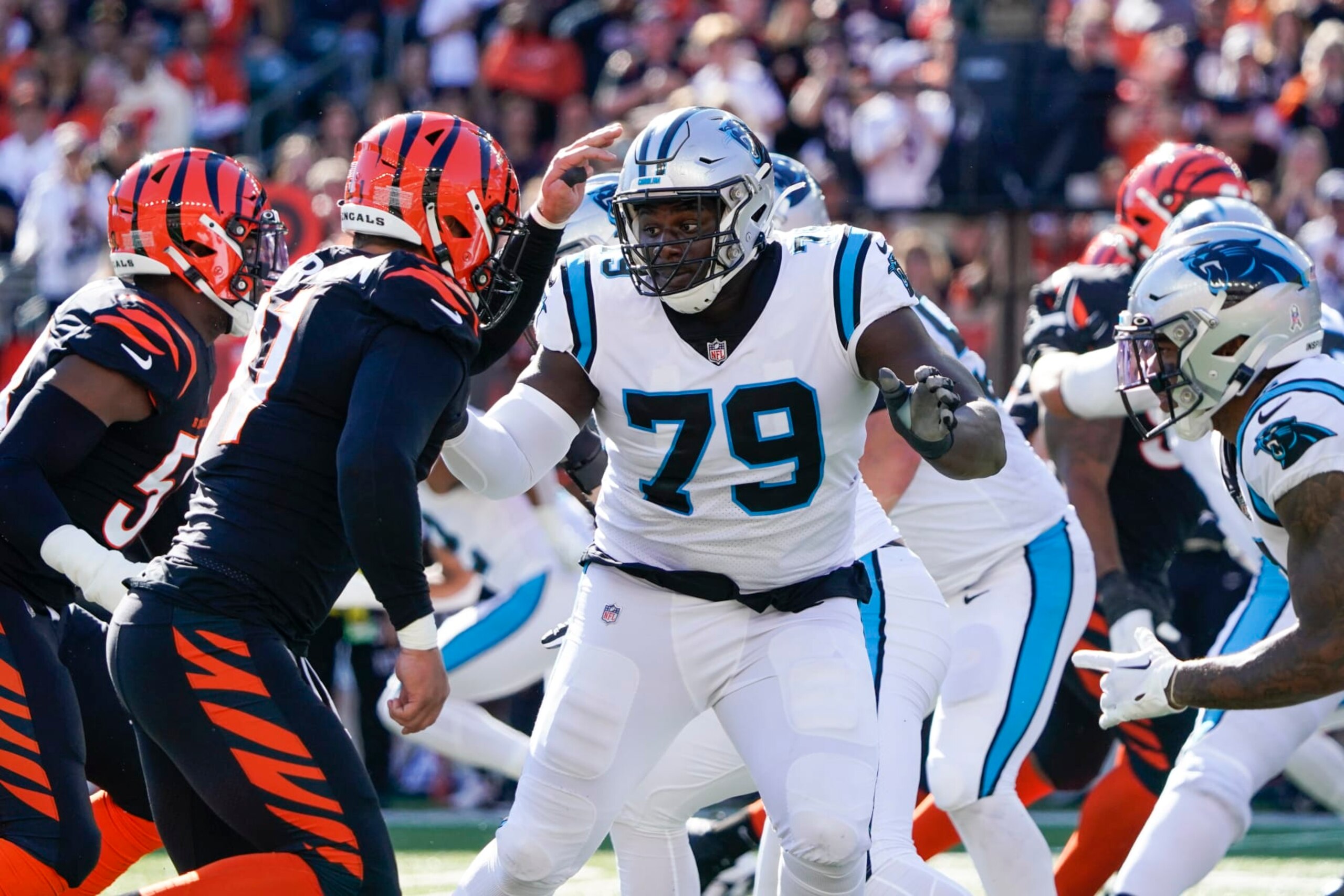Carolina Panthers offensive tackle Ikem Ekwonu (79) blocks during the first half of a NFL football game between the Cincinnati Bengals and the Carolina Panthers, Sunday, Nov. 6, 2022 in Cincinnati. (AP Photo/Joshua A. Bickel)