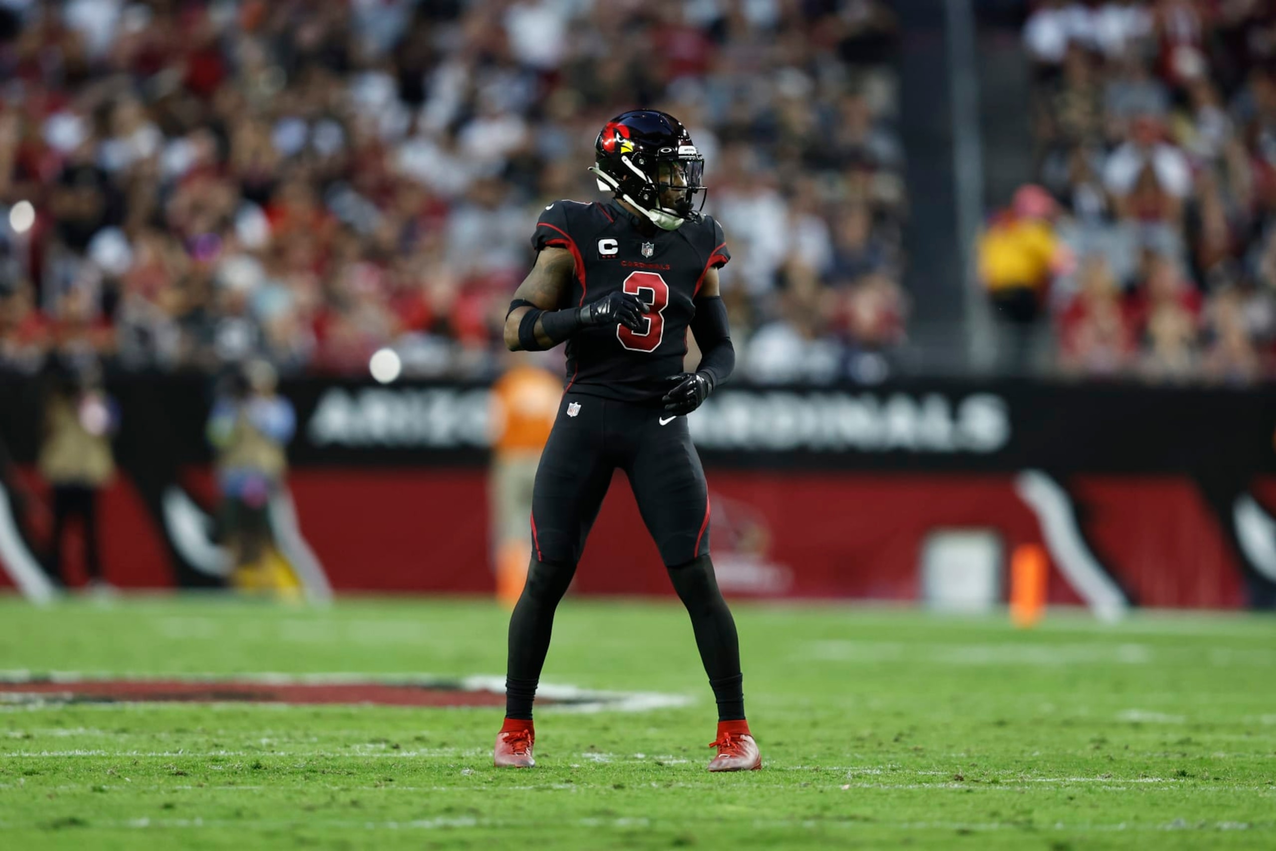 GLENDALE, ARIZONA - OCTOBER 20: Budda Baker #3 of the Arizona Cardinals lines up during an NFL football game between the Arizona Cardinals and the New Orleans Saints at State Farm Stadium on October 20, 2022 in Glendale, Arizona. (Photo by Michael Owens/Getty Images)