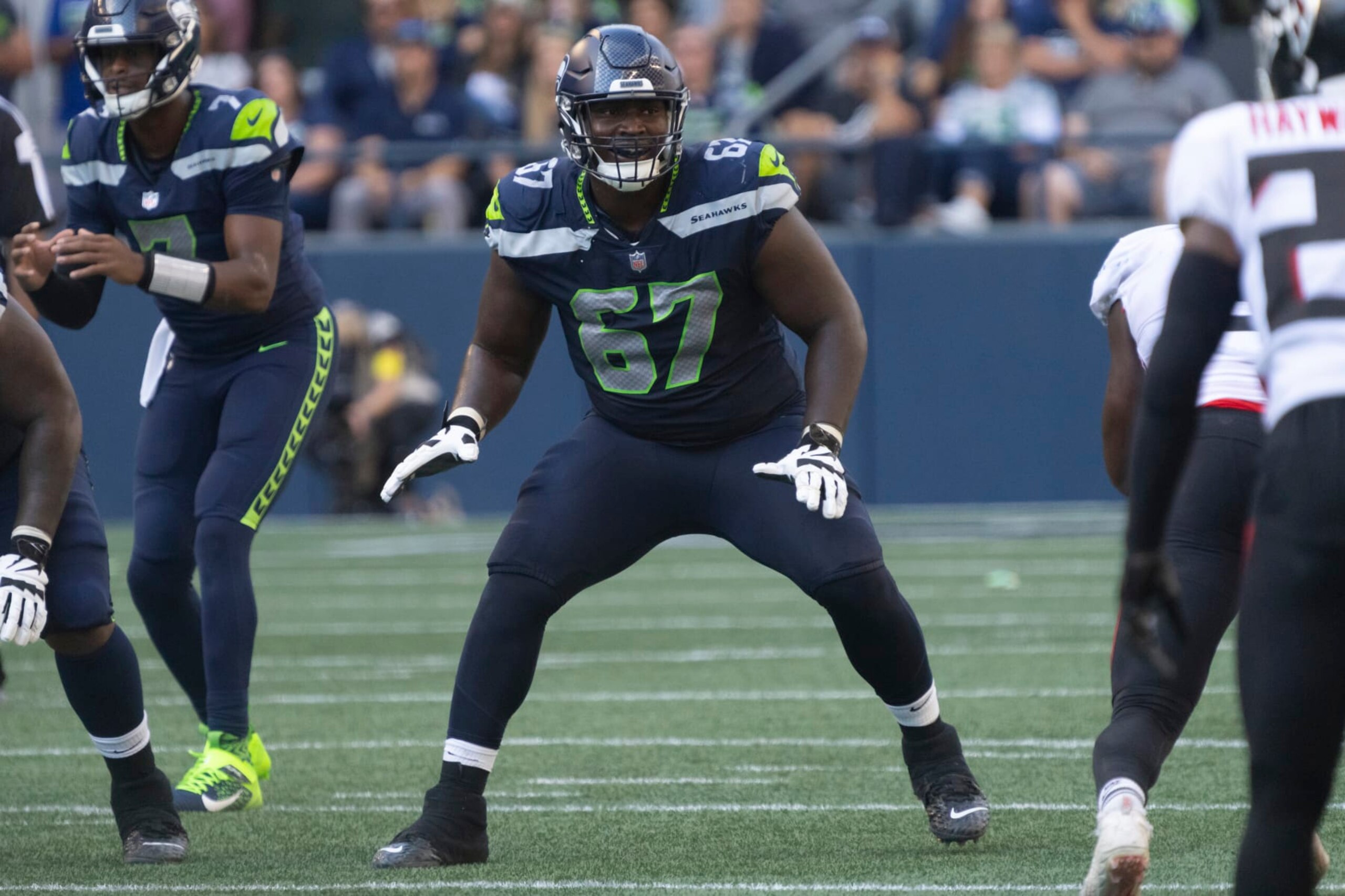 Atlanta Falcons offensive lineman Drew Dalman is pictured during an NFL football game against the Atlanta Falcons, Sunday, Sept. 25, 2022, in Seattle. The Falcons won 27-23. (AP Photo/Stephen Brashear)