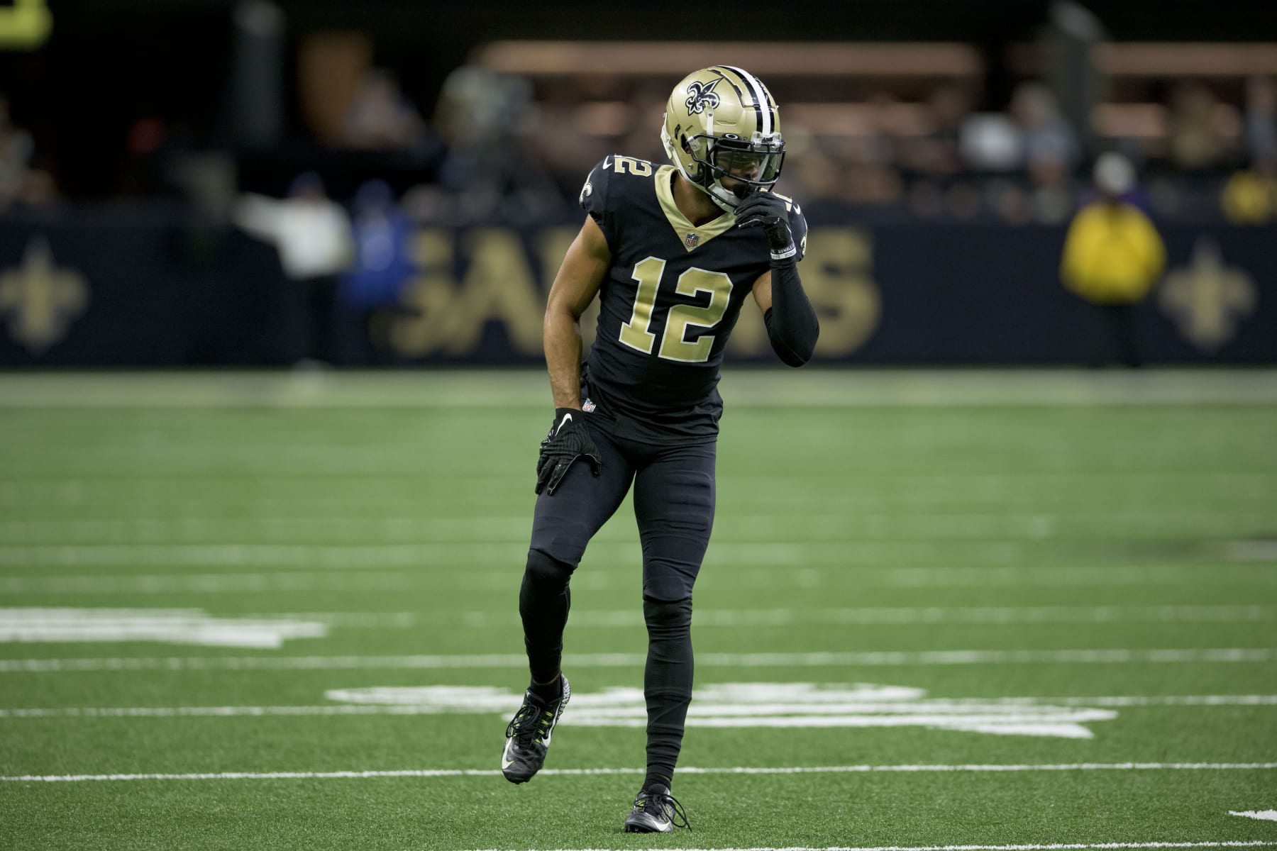 New Orleans Saints wide receiver Chris Olave (12) lines up during an NFL football game against the Las Vegas Raiders in New Orleans, Sunday, Oct. 30, 2022. (AP Photo/Matthew Hinton)
