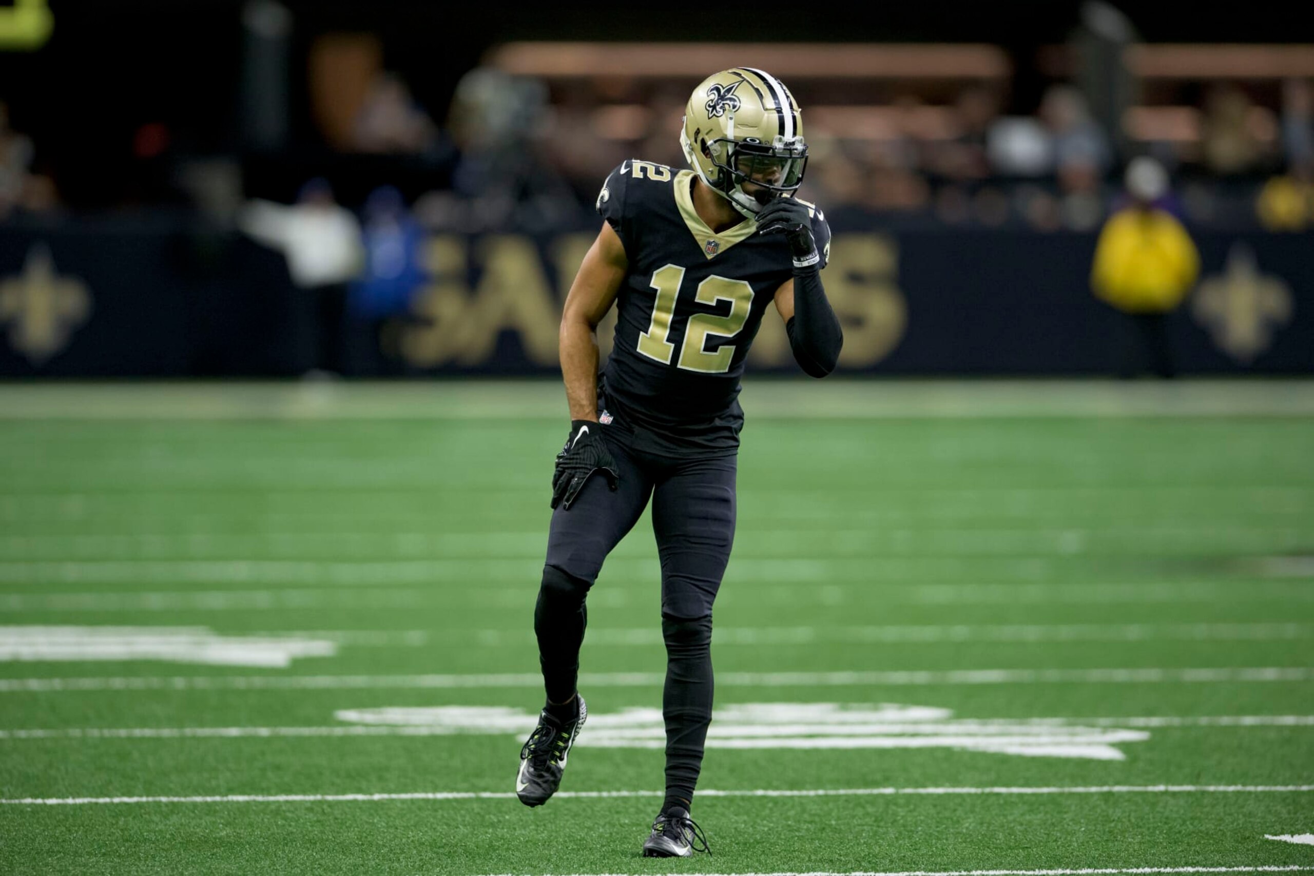 New Orleans Saints wide receiver Chris Olave (12) lines up during an NFL football game against the Las Vegas Raiders in New Orleans, Sunday, Oct. 30, 2022. (AP Photo/Matthew Hinton)
