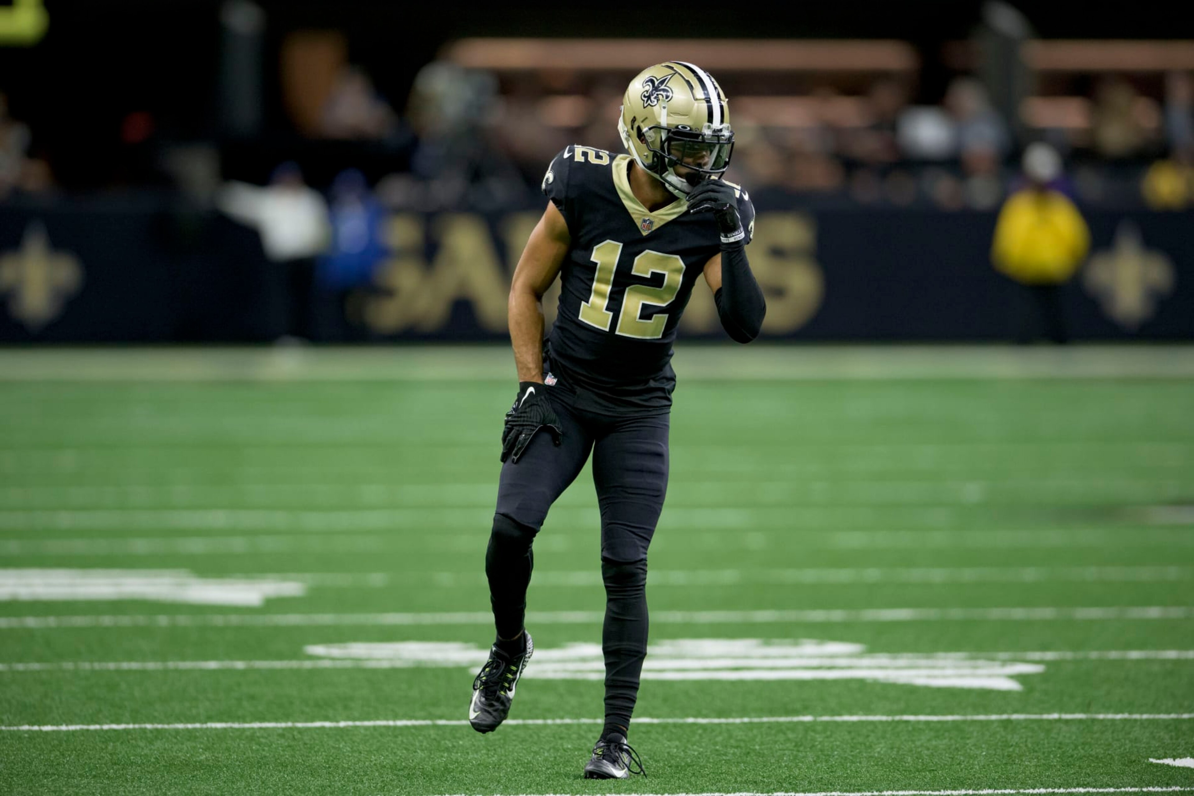 New Orleans Saints wide receiver Chris Olave (12) lines up during an NFL football game against the Las Vegas Raiders in New Orleans, Sunday, Oct. 30, 2022. (AP Photo/Matthew Hinton)