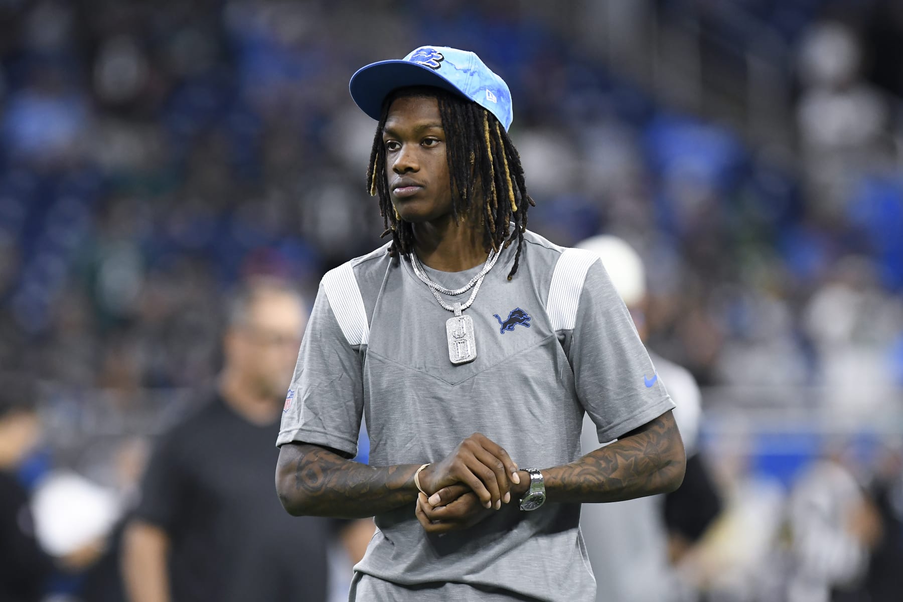 Detroit Lions' wide receiver Jameson Williams watches before an NFL football game against the Philadelphia Eagles in Detroit, Sunday, Sept. 11, 2022. (AP Photo/Lon Horwedel)