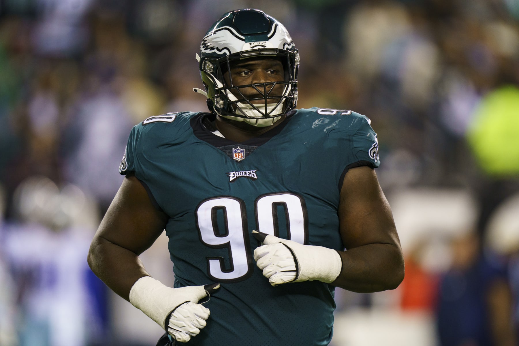 Philadelphia Eagles defensive tackle Jordan Davis (90) looks on during the NFL football game against the Dallas Cowboys, Sunday, Oct. 16, 2022, in Philadelphia. (AP Photo/Christopher Szagola)