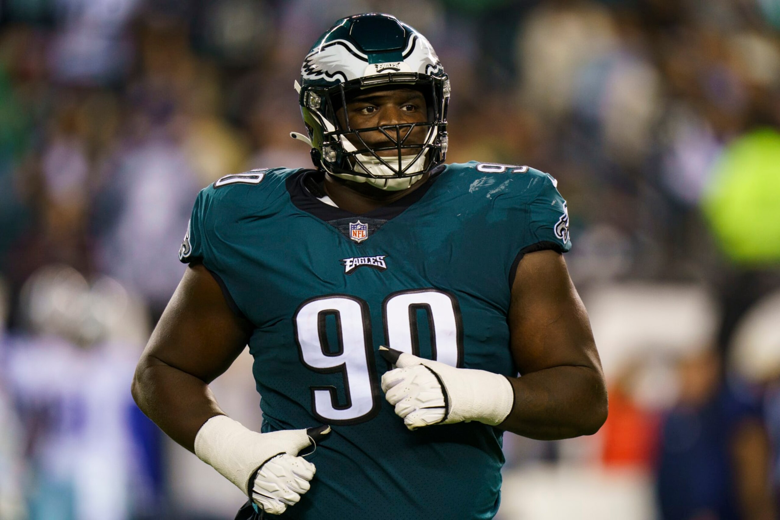 Philadelphia Eagles defensive tackle Jordan Davis (90) looks on during the NFL football game against the Dallas Cowboys, Sunday, Oct. 16, 2022, in Philadelphia. (AP Photo/Christopher Szagola)
