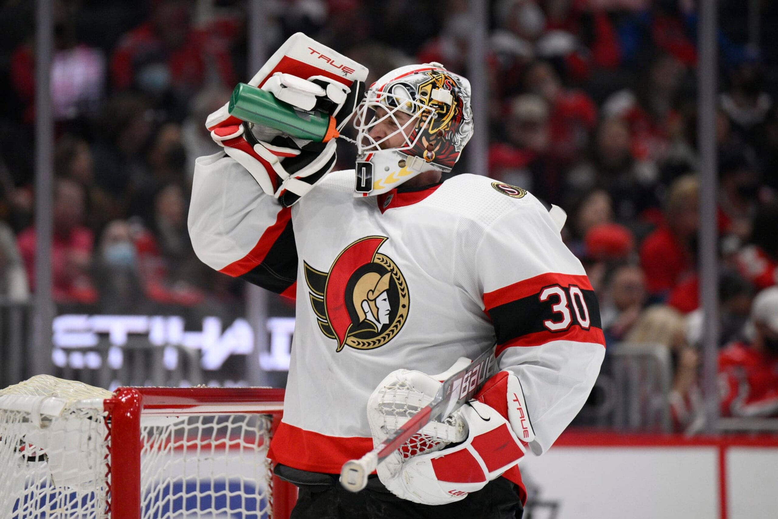 Ottawa Senators goaltender Matt Murray (30) gets a drink during the first period of an NHL hockey game against the Washington Capitals, Saturday, Jan. 22, 2022, in Washington. (AP Photo/Nick Wass) Ottawa Senators goaltender Matt Murray (30) gets a drink during the first period of an NHL hockey game against the Washington Capitals, Saturday, Jan. 22, 2022, in Washington. (AP Photo/Nick Wass)
