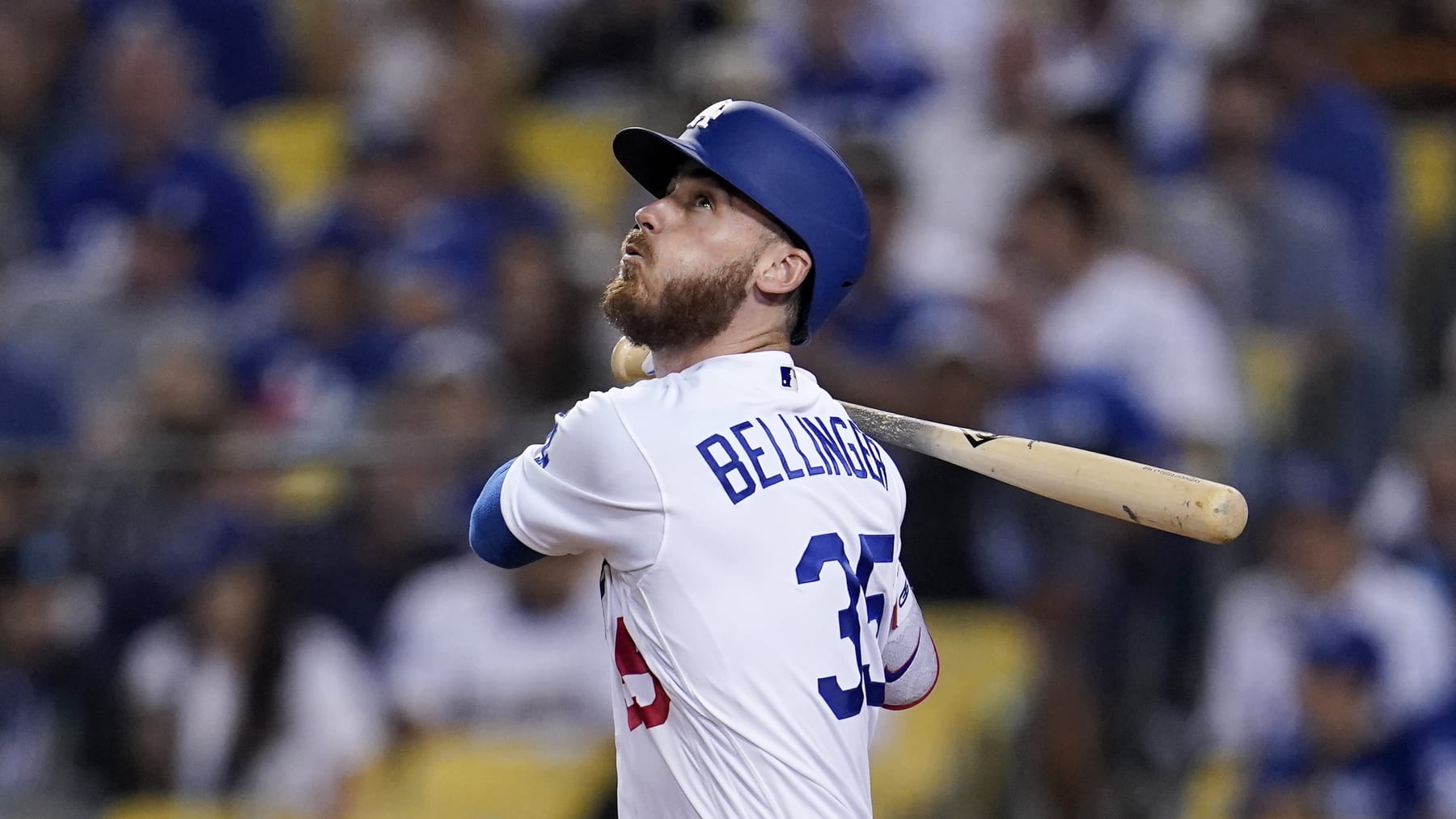 Los Angeles Dodgers' Cody Bellinger bats during the sixth inning in Game 1 of a baseball NL Division Series against the San Diego Padres Tuesday, Oct. 11, 2022, in Los Angeles. (AP Photo/Marcio Jose Sanchez)
