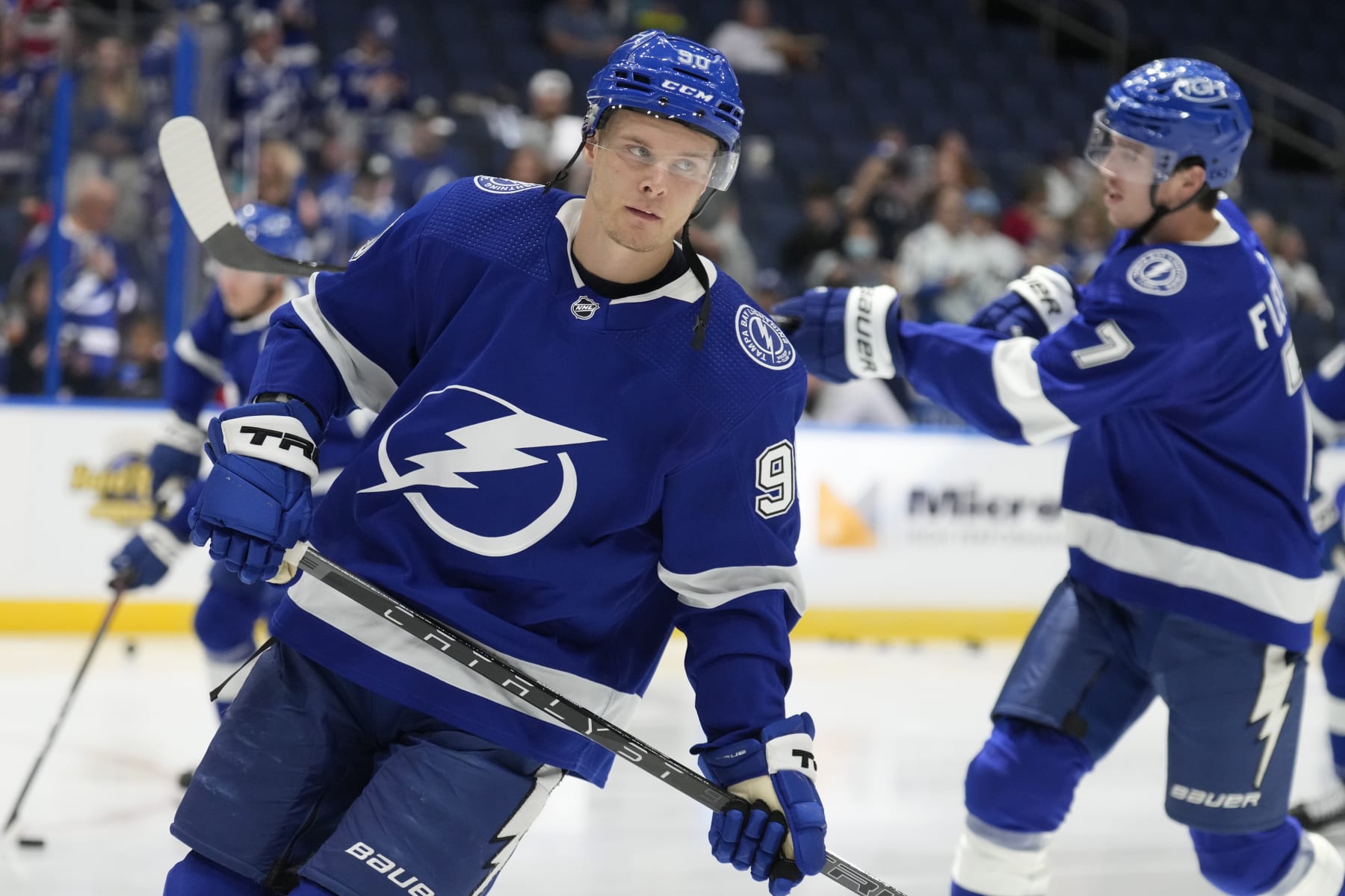 Tampa Bay Lightning center Vladislav Namestnikov (90) before an NHL hockey game against the Ottawa Senators Tuesday, Nov. 1, 2022, in Tampa, Fla. (AP Photo/Chris O'Meara)