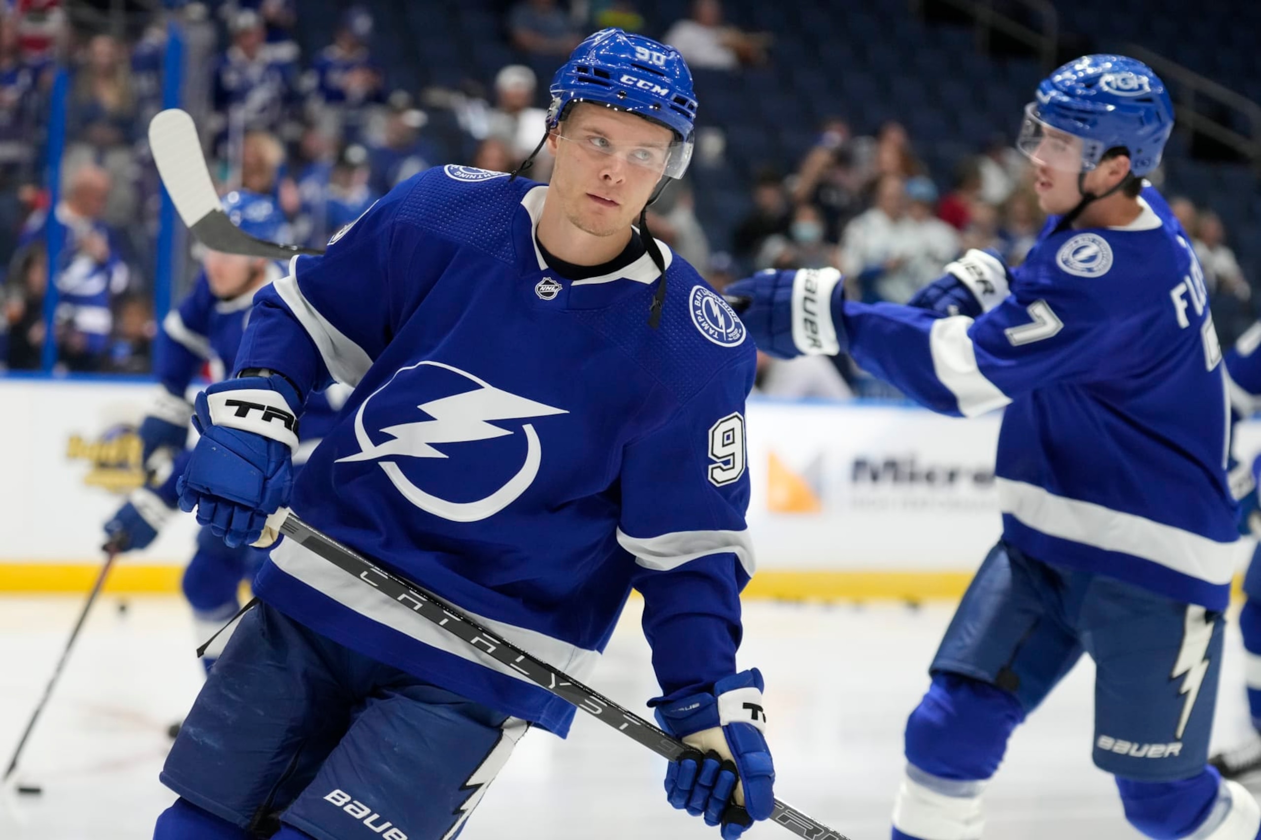 Tampa Bay Lightning center Vladislav Namestnikov (90) before an NHL hockey game against the Ottawa Senators Tuesday, Nov. 1, 2022, in Tampa, Fla. (AP Photo/Chris O'Meara) Tampa Bay Lightning center Vladislav Namestnikov (90) before an NHL hockey game against the Ottawa Senators Tuesday, Nov. 1, 2022, in Tampa, Fla. (AP Photo/Chris O'Meara)
