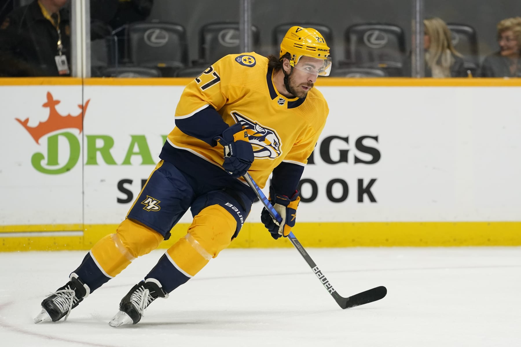 Nashville Predators' Ryan McDonagh (27) plays against the St. Louis Blues in the first period of an NHL hockey game Thursday, Oct. 27, 2022, in Nashville, Tenn. (AP Photo/Mark Humphrey)