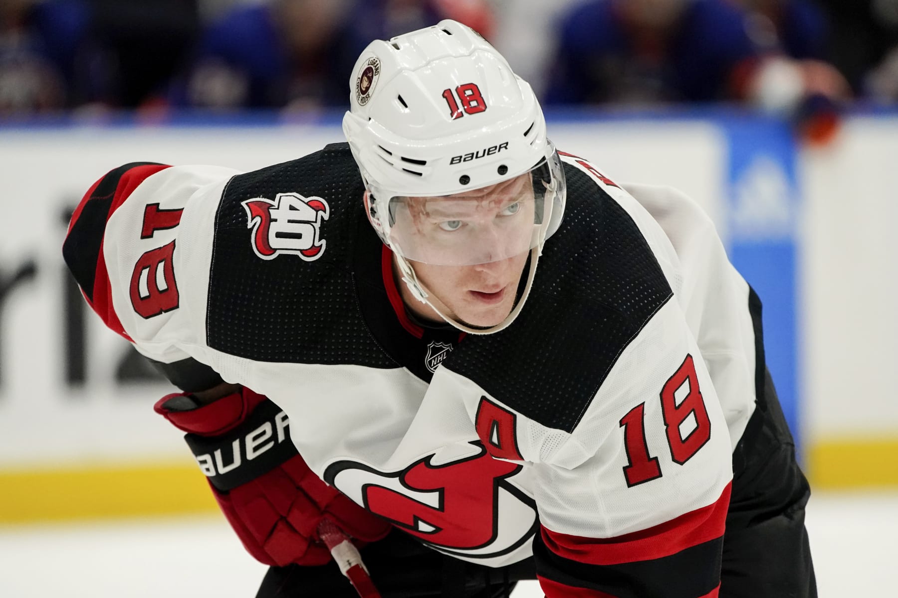 New Jersey Devils left wing Ondrej Palat during an NHL hockey game against the New York Islanders, Thursday, Oct. 20, 2022, in Elmont, N.Y. The Devils won 4-1. (AP Photo/Julia Nikhinson)