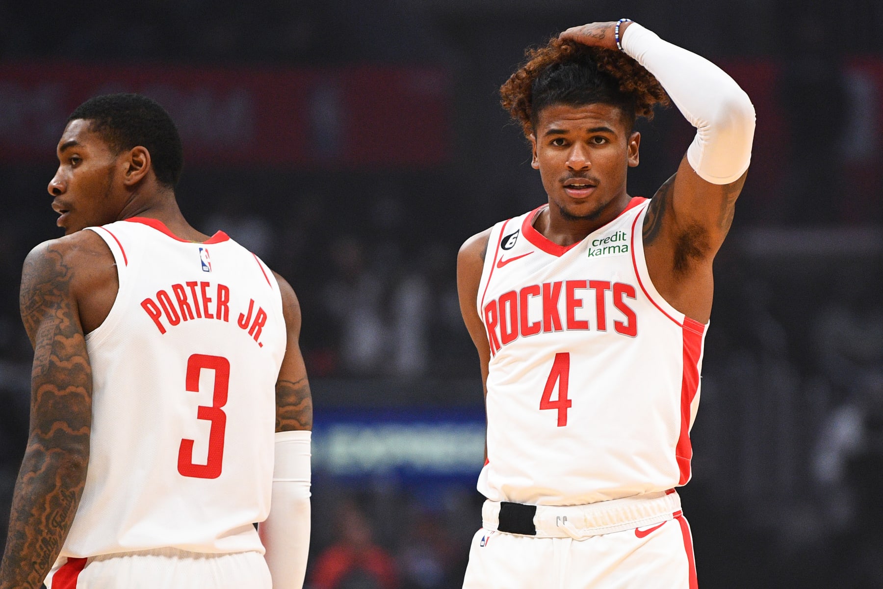 LOS ANGELES, CA - OCTOBER 31: Houston Rockets Guard Kevin Porter Jr. (3) and Houston Rockets Guard Jalen Green (4) look on during a NBA game between the Houston Rockets and the Los Angeles Clippers on October 31, 2022 at Crypto.com Arena in Los Angeles, CA. (Photo by Brian Rothmuller/Icon Sportswire via Getty Images)