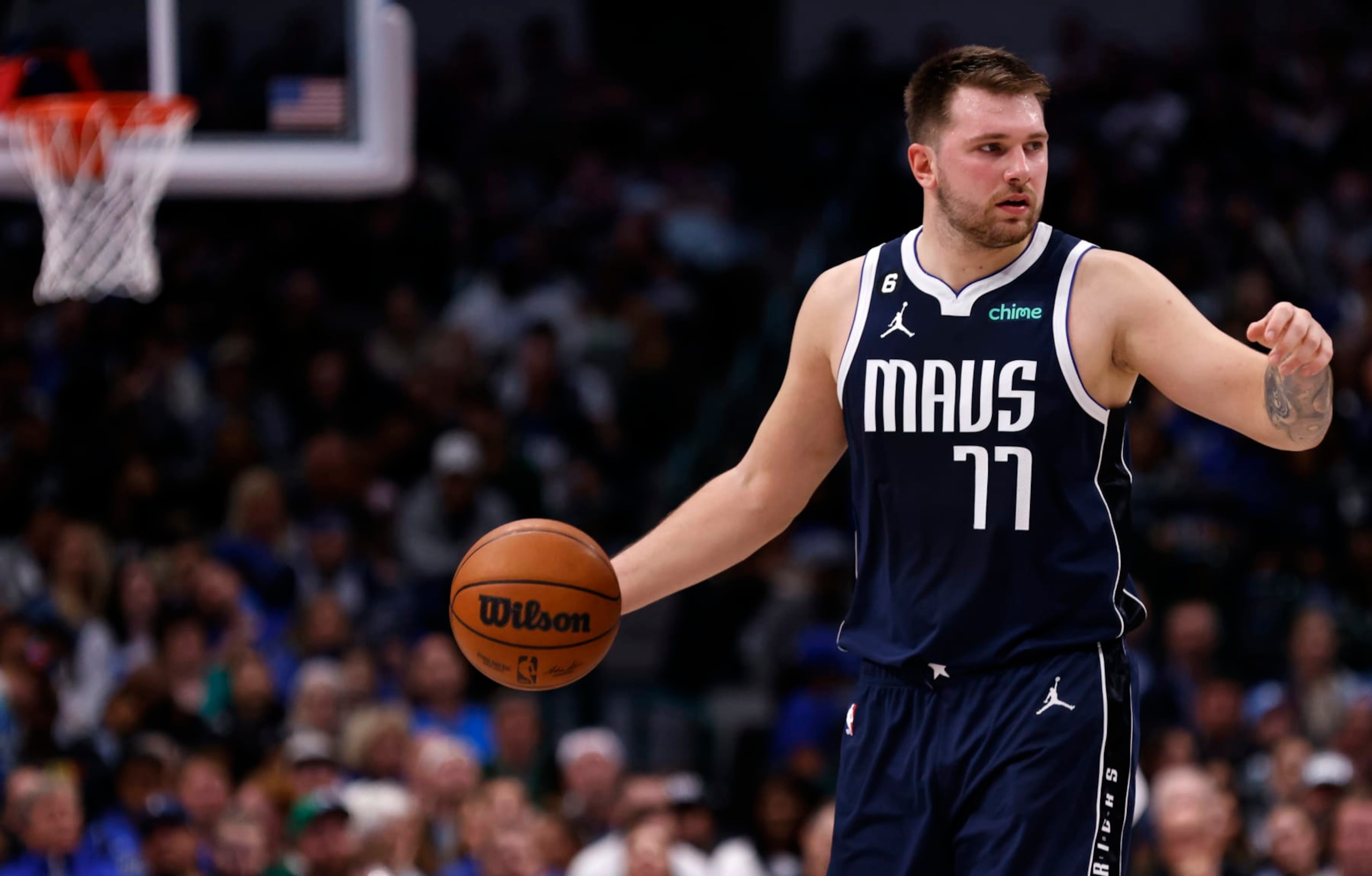 DALLAS, TX - NOVEMBER 4: Luka Doncic #77 of the Dallas Mavericks calls a play against the Toronto Raptors in the second half of the game at American Airlines Center on November 4, 2022 in Dallas, Texas. NOTE TO USER: User expressly acknowledges and agrees that, by downloading and or using this photograph, User is consenting to the terms and conditions of the Getty Images License Agreement. (Photo by Ron Jenkins/Getty Images)