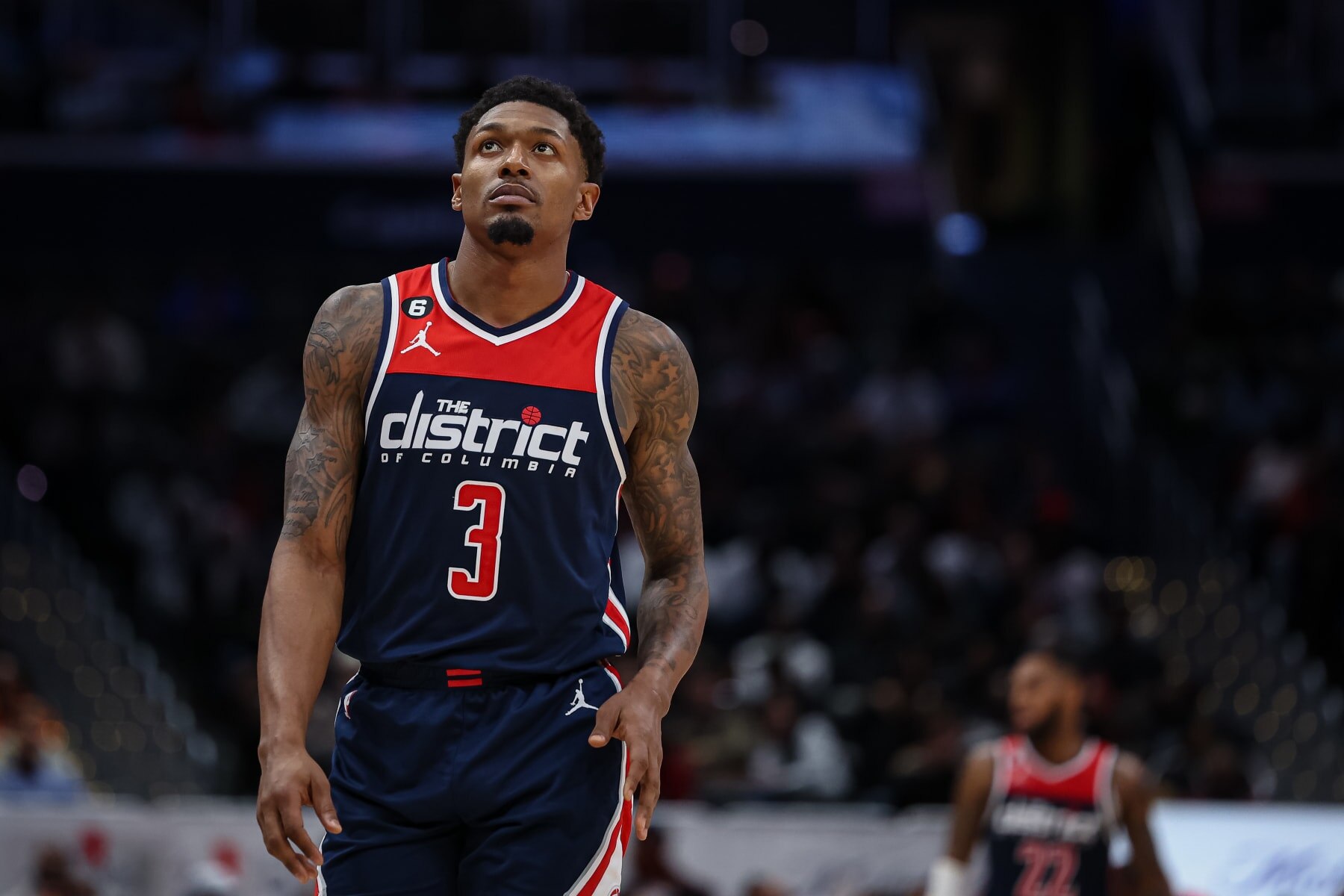 WASHINGTON, DC - OCTOBER 31: Bradley Beal #3 of the Washington Wizards looks on against the Philadelphia 76ers during the second half at Capital One Arena on October 31, 2022 in Washington, DC. NOTE TO USER: User expressly acknowledges and agrees that, by downloading and or using this photograph, User is consenting to the terms and conditions of the Getty Images License Agreement. (Photo by Scott Taetsch/Getty Images)
