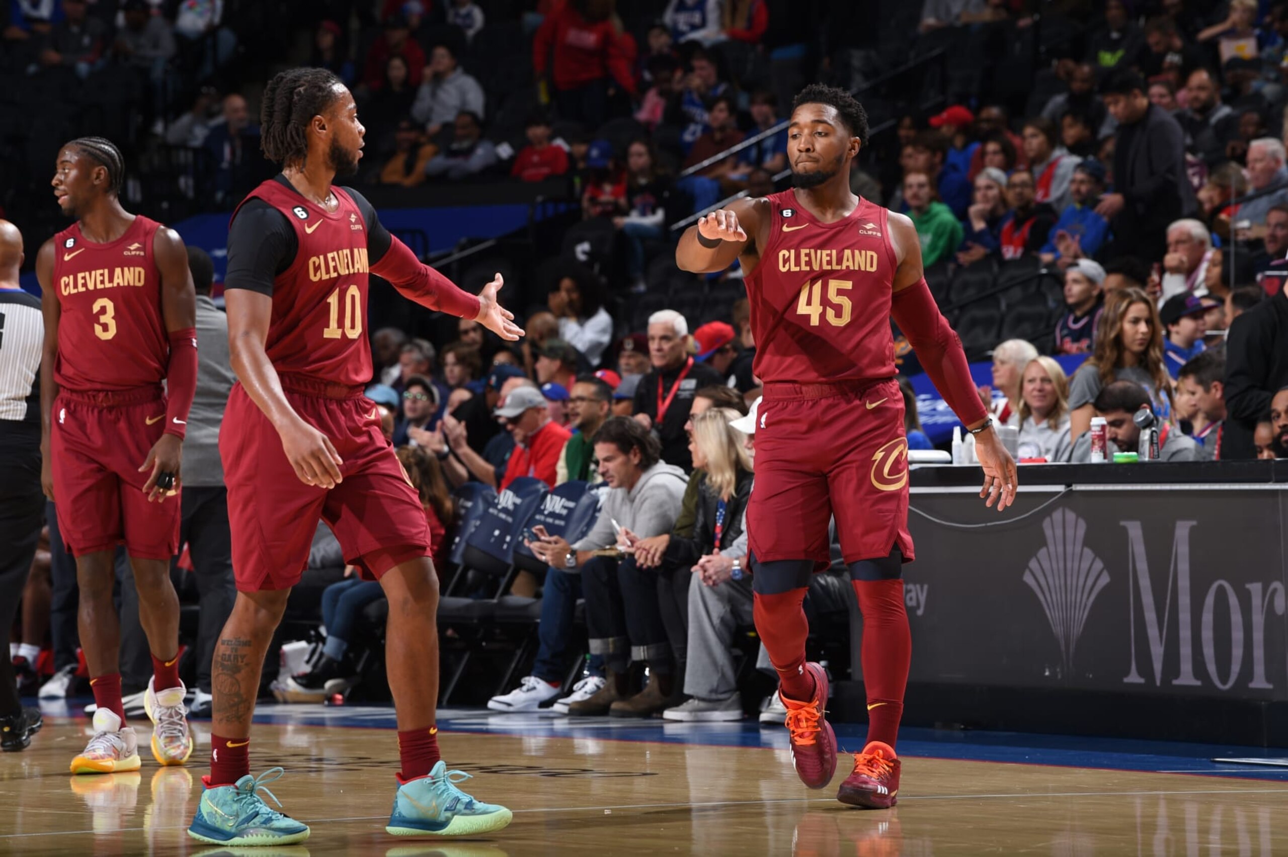 PHILADELPHIA, PA - OCTOBER 5: Darius Garland #10 of the Cleveland Cavaliers, Donovan Mitchell #45 of the Cleveland Cavaliers celebrate on October 5, 2022 at the Wells Fargo Center in Philadelphia, Pennsylvania NOTE TO USER: User expressly acknowledges and agrees that, by downloading and/or using this Photograph, user is consenting to the terms and conditions of the Getty Images License Agreement. Mandatory Copyright Notice: Copyright 2022 NBAE (Photo by David Dow/NBAE via Getty Images)