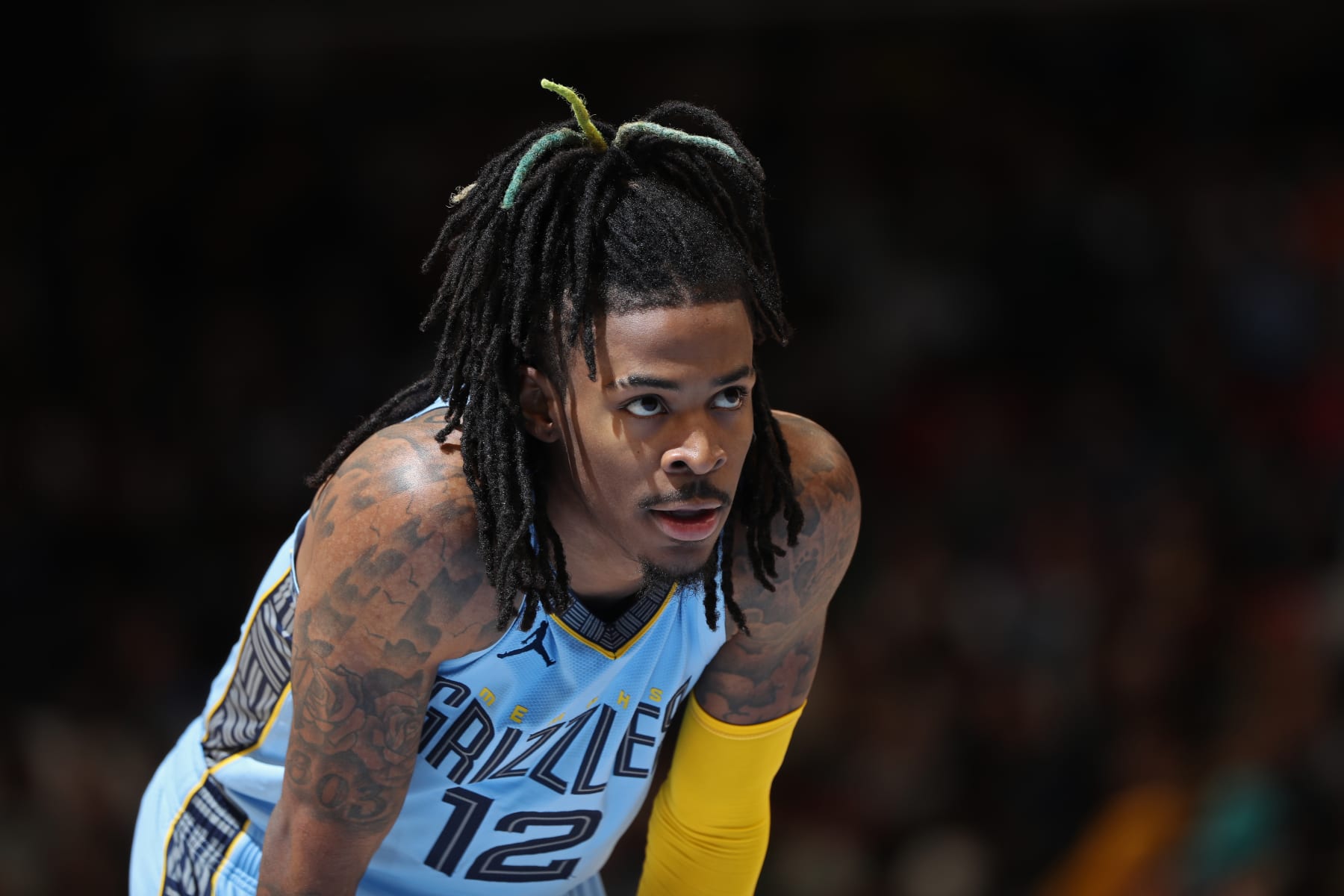 MEMPHIS, TN - NOVEMBER 7: Ja Morant #12 of the Memphis Grizzlies looks on against the Boston Celtics on November 7, 2022 at FedExForum in Memphis, Tennessee. NOTE TO USER: User expressly acknowledges and agrees that, by downloading and or using this photograph, User is consenting to the terms and conditions of the Getty Images License Agreement. Mandatory Copyright Notice: Copyright 2022 NBAE (Photo by Joe Murphy/NBAE via Getty Images)