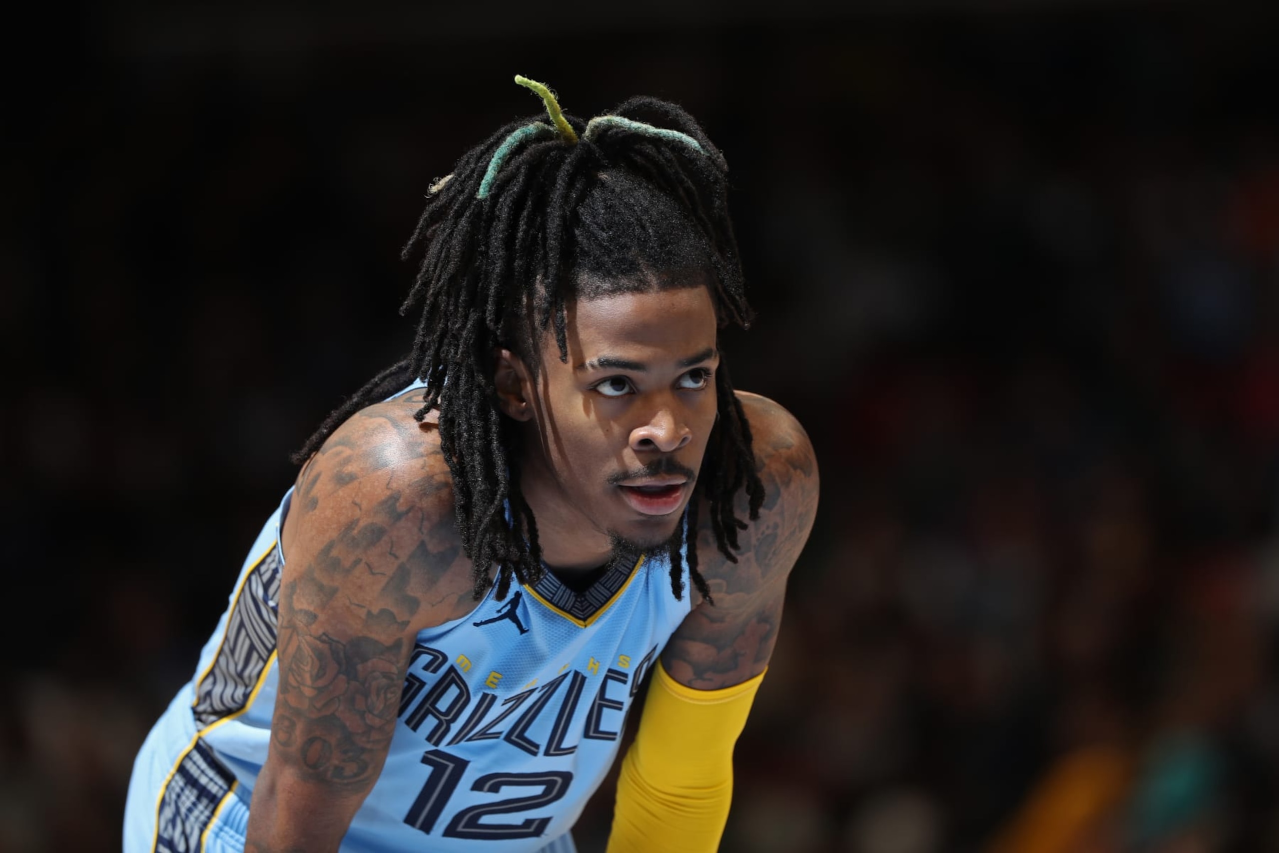 MEMPHIS, TN - NOVEMBER 7: Ja Morant #12 of the Memphis Grizzlies looks on against the Boston Celtics on November 7, 2022 at FedExForum in Memphis, Tennessee. NOTE TO USER: User expressly acknowledges and agrees that, by downloading and or using this photograph, User is consenting to the terms and conditions of the Getty Images License Agreement. Mandatory Copyright Notice: Copyright 2022 NBAE (Photo by Joe Murphy/NBAE via Getty Images)