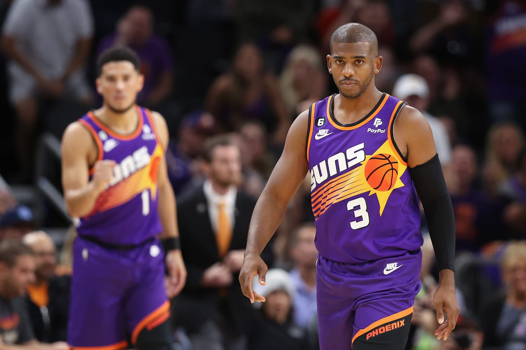PHOENIX, ARIZONA - OCTOBER 25: Chris Paul #3 of the Phoenix Suns reacts after hitting a three-point shot at the end of the first half of the NBA game at Footprint Center on October 25, 2022 in Phoenix, Arizona. The Suns defeated the Warriors 134-105. NOTE TO USER: User expressly acknowledges and agrees that, by downloading and or using this photograph, User is consenting to the terms and conditions of the Getty Images License Agreement.  (Photo by Christian Petersen/Getty Images)