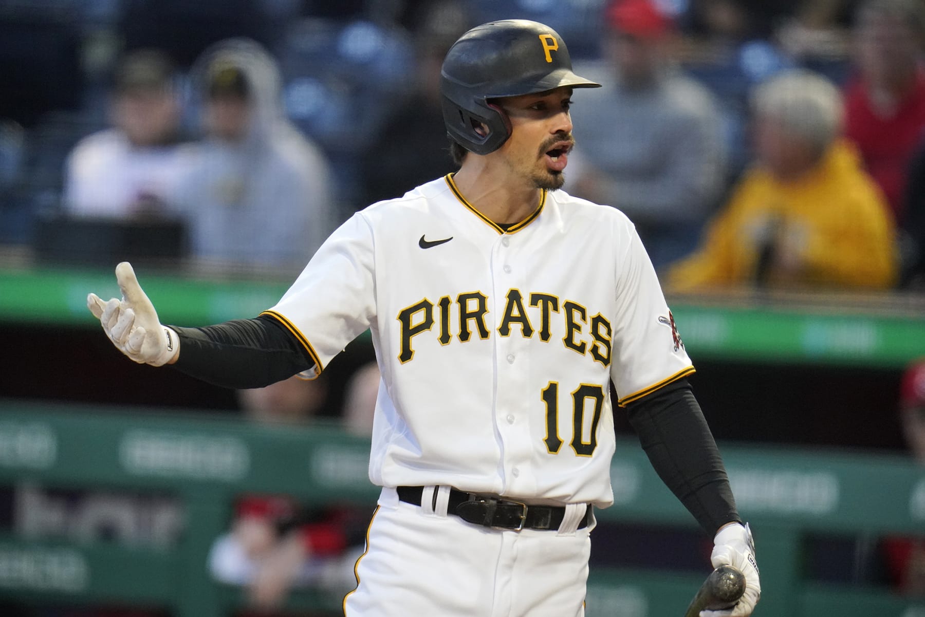Pittsburgh Pirates' Bryan Reynolds disagrees with a called third strike during the first inning of a baseball game against the Cincinnati Reds in Pittsburgh, Tuesday, Sept. 27, 2022. (AP Photo/Gene J. Puskar)