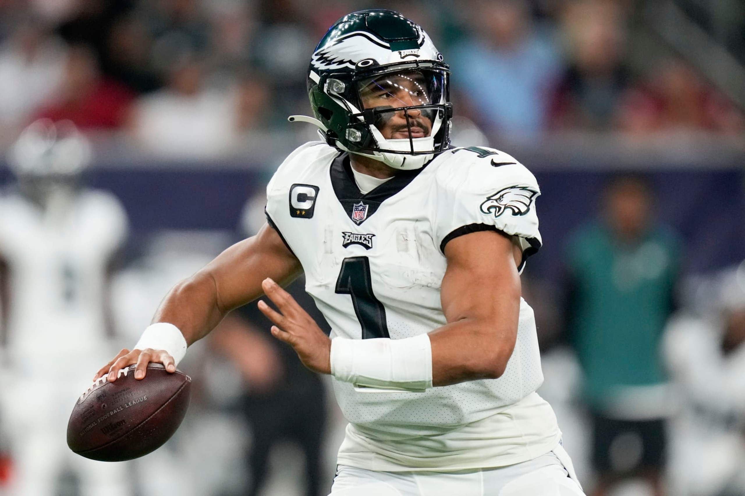 Philadelphia Eagles quarterback Jalen Hurts throws a pass during the first half of an NFL football game against the Houston Texans, Thursday, Nov. 3, 2022, in Houston. (AP Photo/Eric Christian Smith) Philadelphia Eagles quarterback Jalen Hurts throws a pass during the first half of an NFL football game against the Houston Texans, Thursday, Nov. 3, 2022, in Houston. (AP Photo/Eric Christian Smith)
