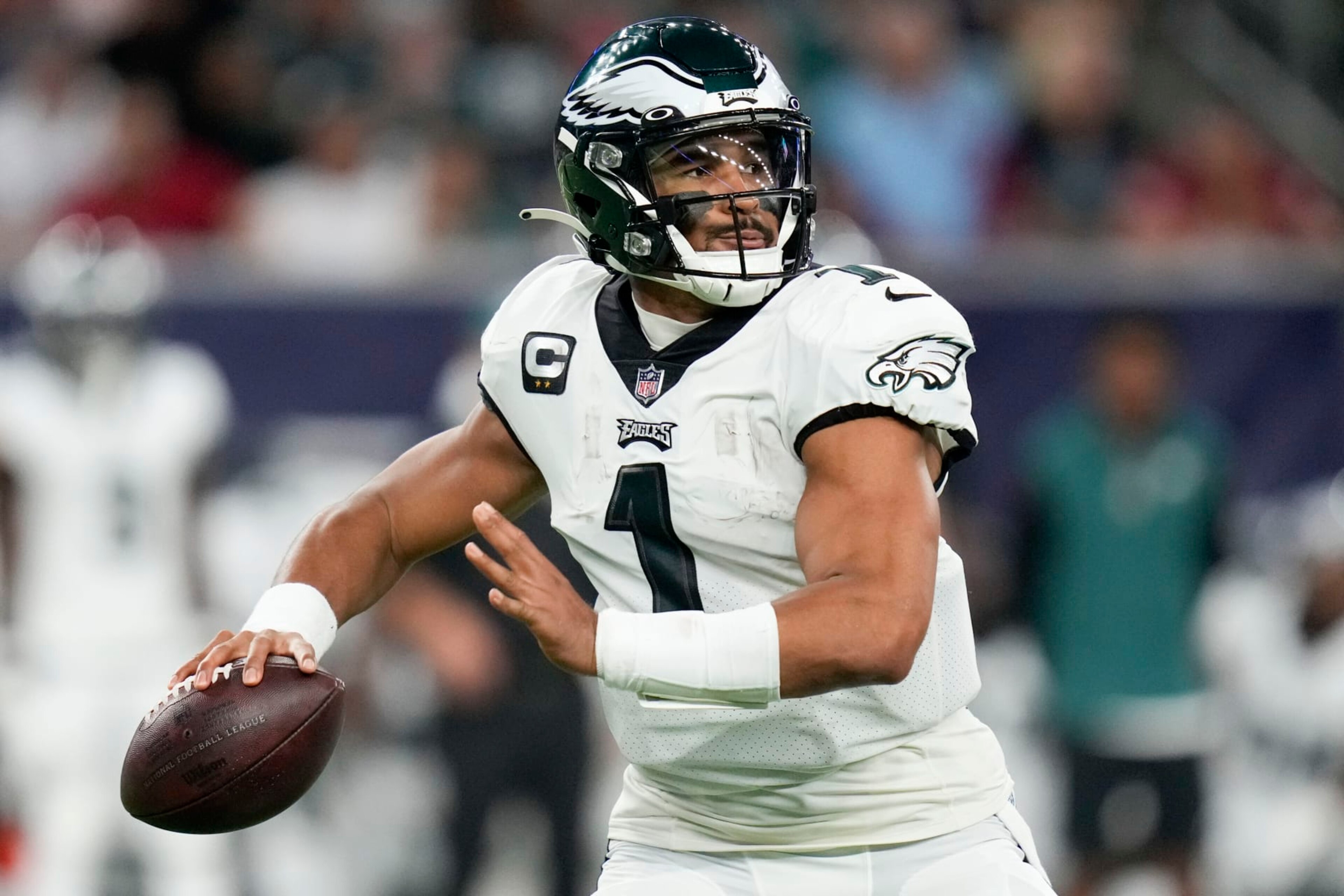 Philadelphia Eagles quarterback Jalen Hurts throws a pass during the first half of an NFL football game against the Houston Texans, Thursday, Nov. 3, 2022, in Houston. (AP Photo/Eric Christian Smith)