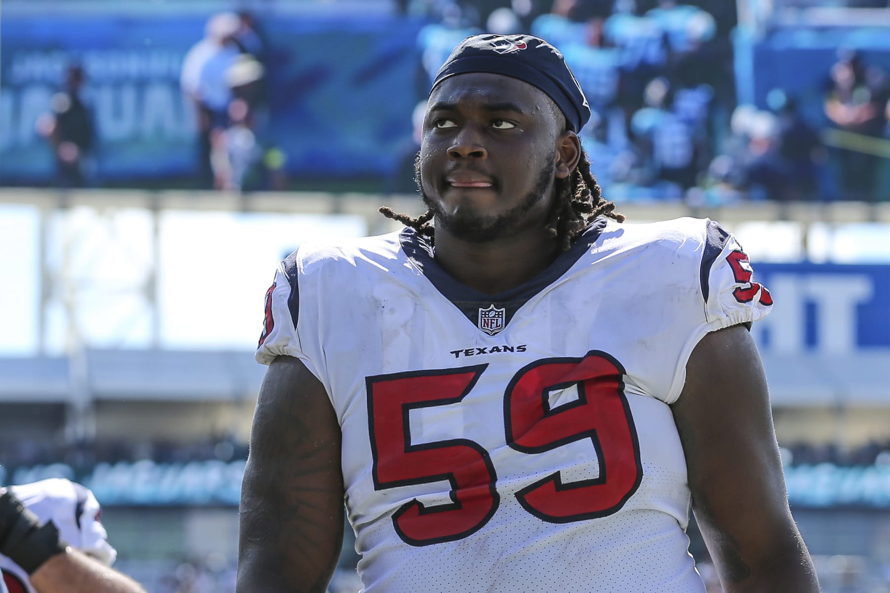 Houston Texans guard Kenyon Green (59) walks off the field at the end of the first half of an NFL football game against the Jacksonville Jaguars on Sunday, Oct. 9, 2022, in Jacksonville, Fla. (AP Photo/Gary McCullough)
