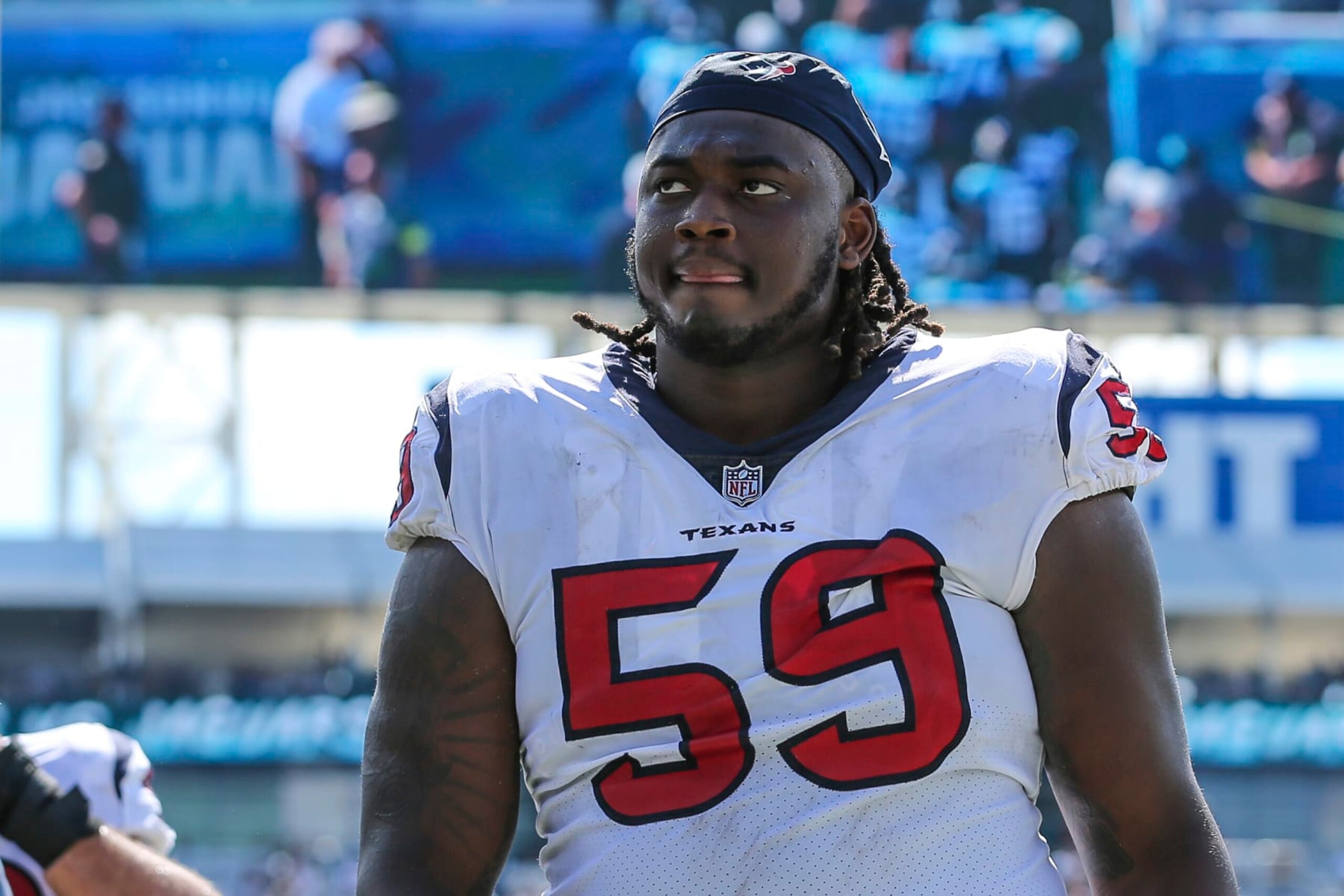 Houston Texans guard Kenyon Green (59) walks off the field at the end of the first half of an NFL football game against the Jacksonville Jaguars on Sunday, Oct. 9, 2022, in Jacksonville, Fla. (AP Photo/Gary McCullough)