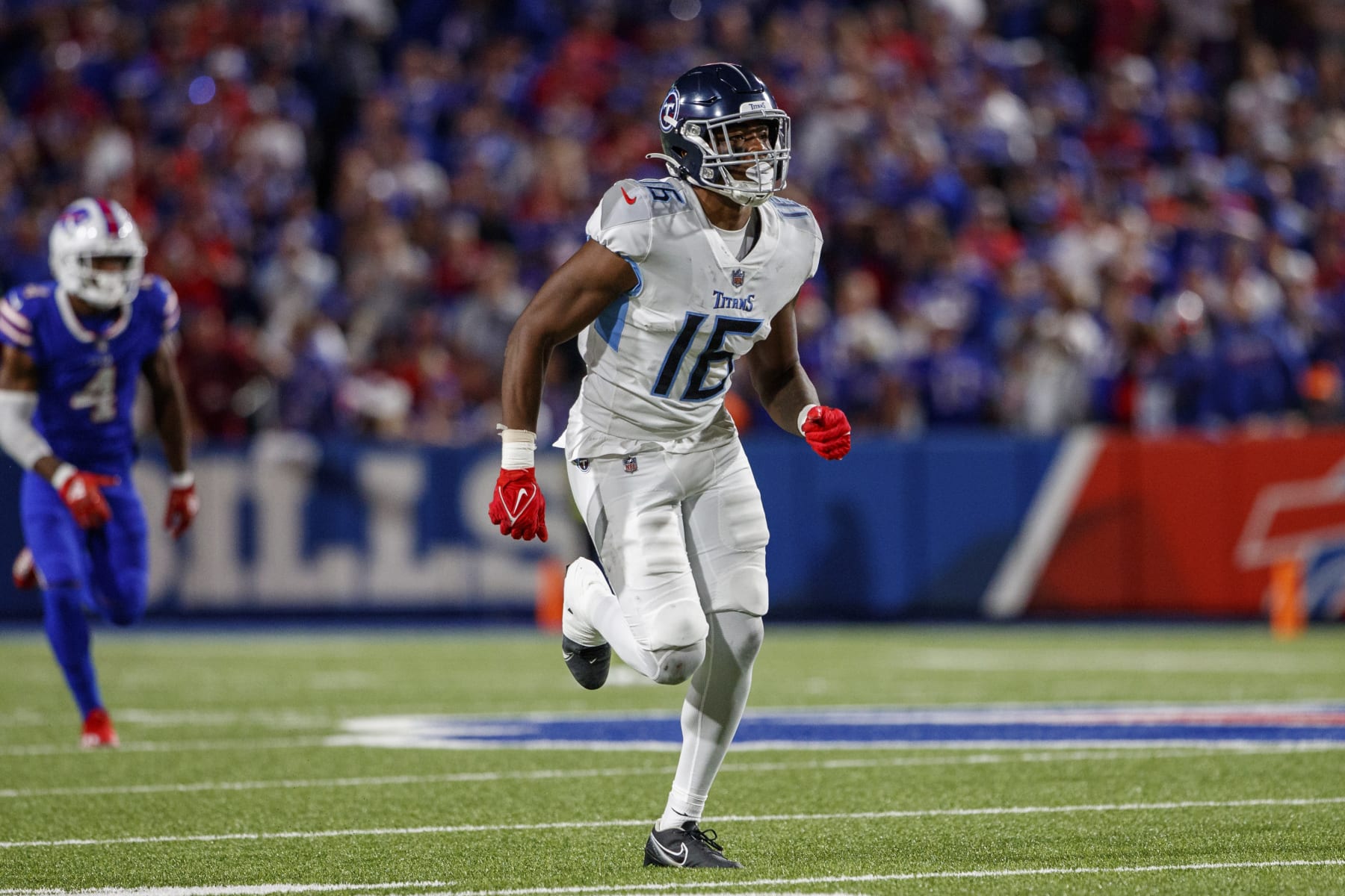 Tennessee Titans wide receiver Treylon Burks (16) covers a kick during an NFL football game, Monday, Sept. 19, 2022, in Orchard Park, NY. (AP Photo/Matt Durisko)