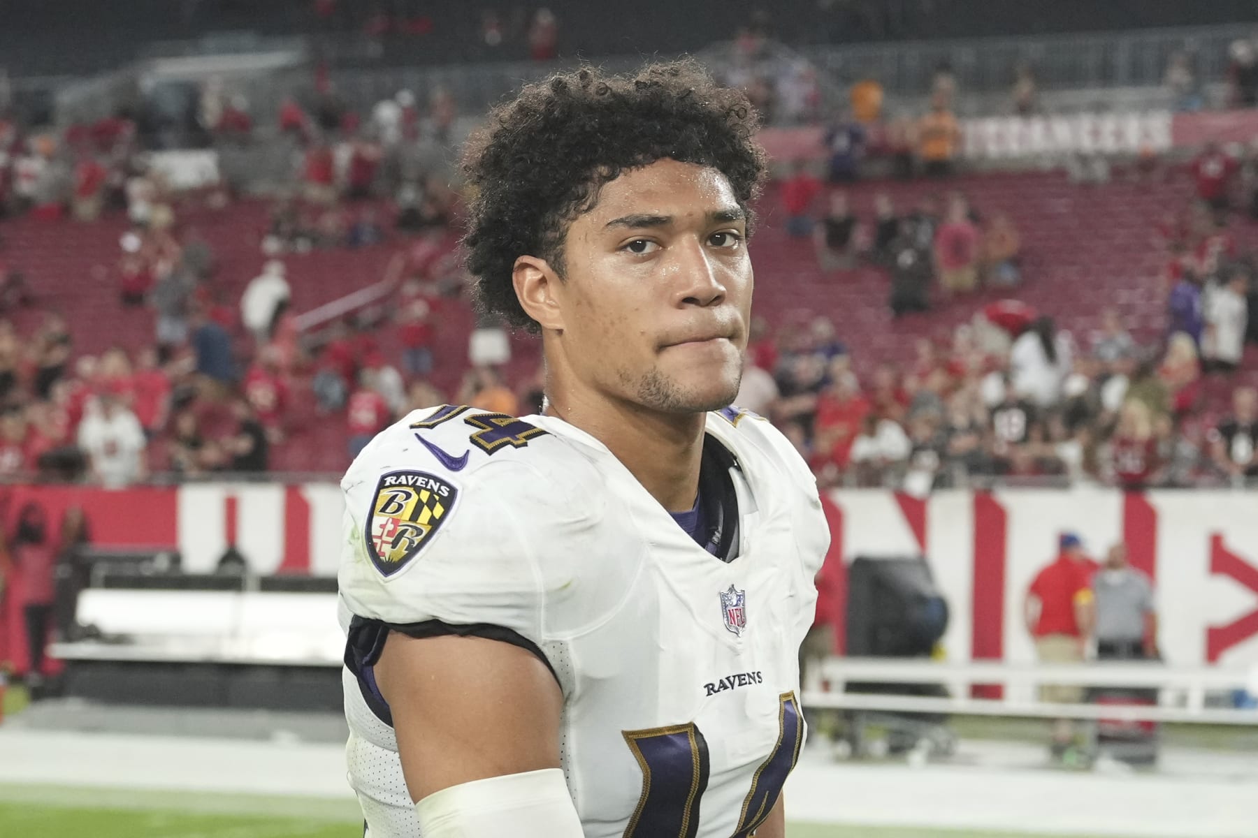 Baltimore Ravens safety Kyle Hamilton (14) after an NFL football game against the Tampa Bay Buccaneers, Thursday, Oct. 27, 2022 in Tampa, Fla. The Ravens defeat the Buccaneers 27-22. (AP Photo/Peter Joneleit)