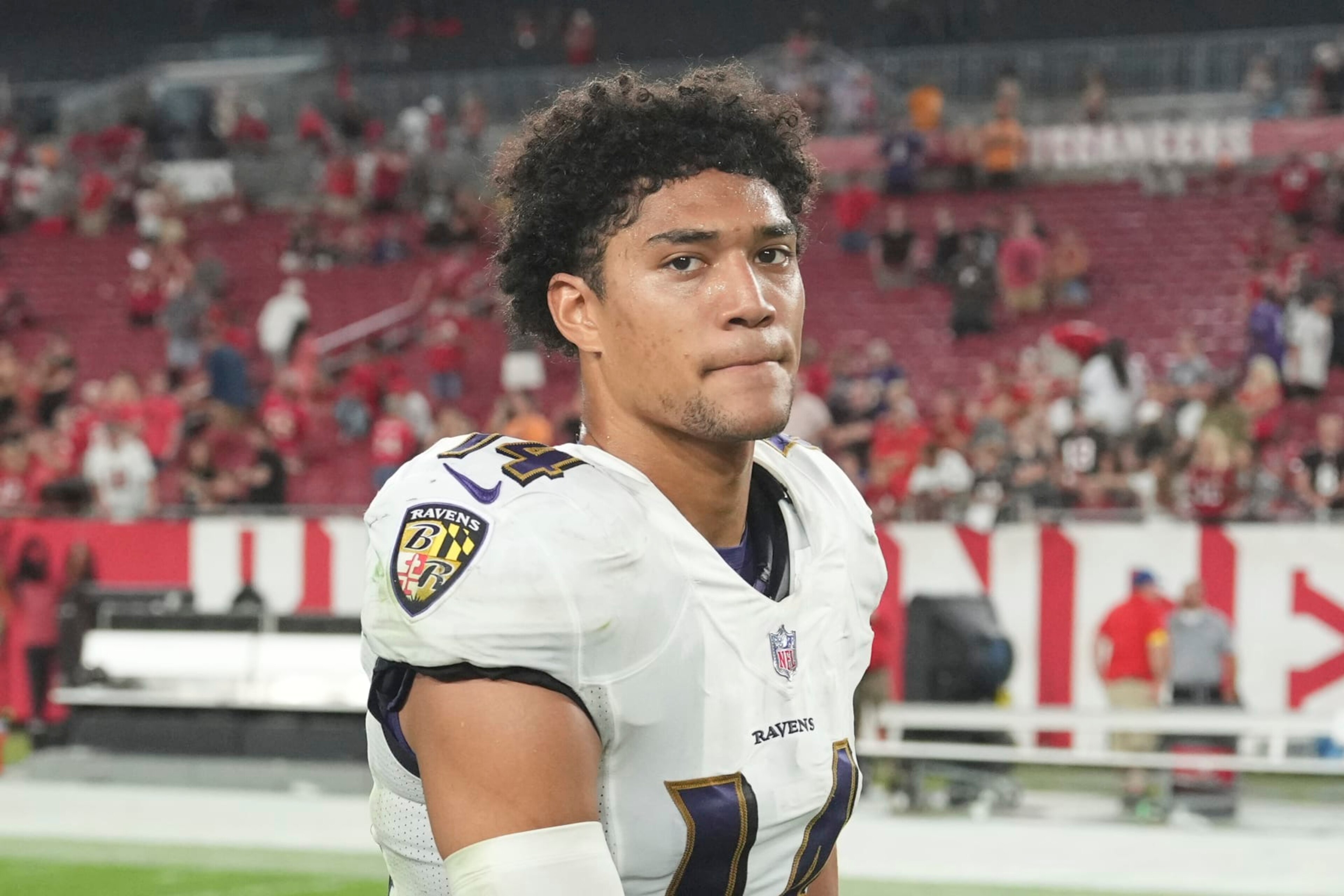 Baltimore Ravens safety Kyle Hamilton (14) after an NFL football game against the Tampa Bay Buccaneers, Thursday, Oct. 27, 2022 in Tampa, Fla. The Ravens defeat the Buccaneers 27-22. (AP Photo/Peter Joneleit)