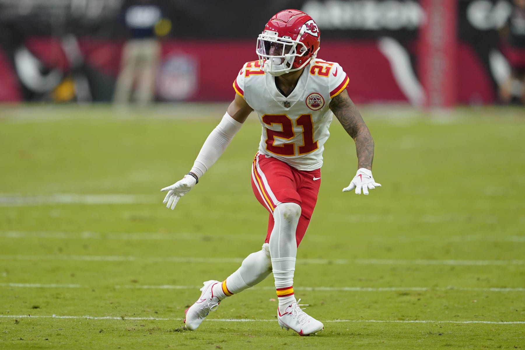 Kansas City Chiefs cornerback Trent McDuffie (21) plays against the Arizona Cardinals during the first half of an NFL football game, Sunday, Sept. 11, 2022, in Glendale, Ariz. (AP Photo/Matt York)