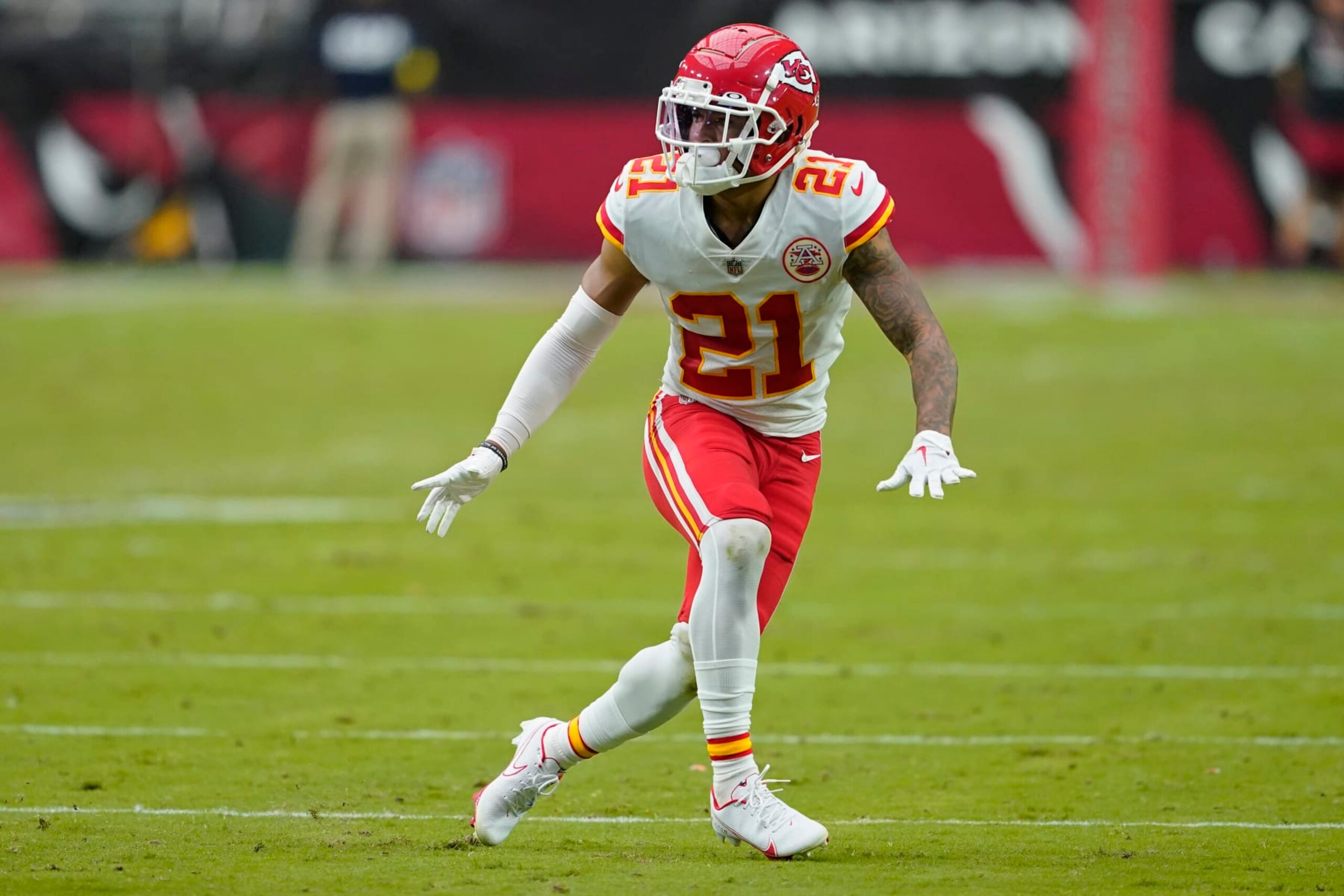 Kansas City Chiefs cornerback Trent McDuffie (21) plays against the Arizona Cardinals during the first half of an NFL football game, Sunday, Sept. 11, 2022, in Glendale, Ariz. (AP Photo/Matt York)