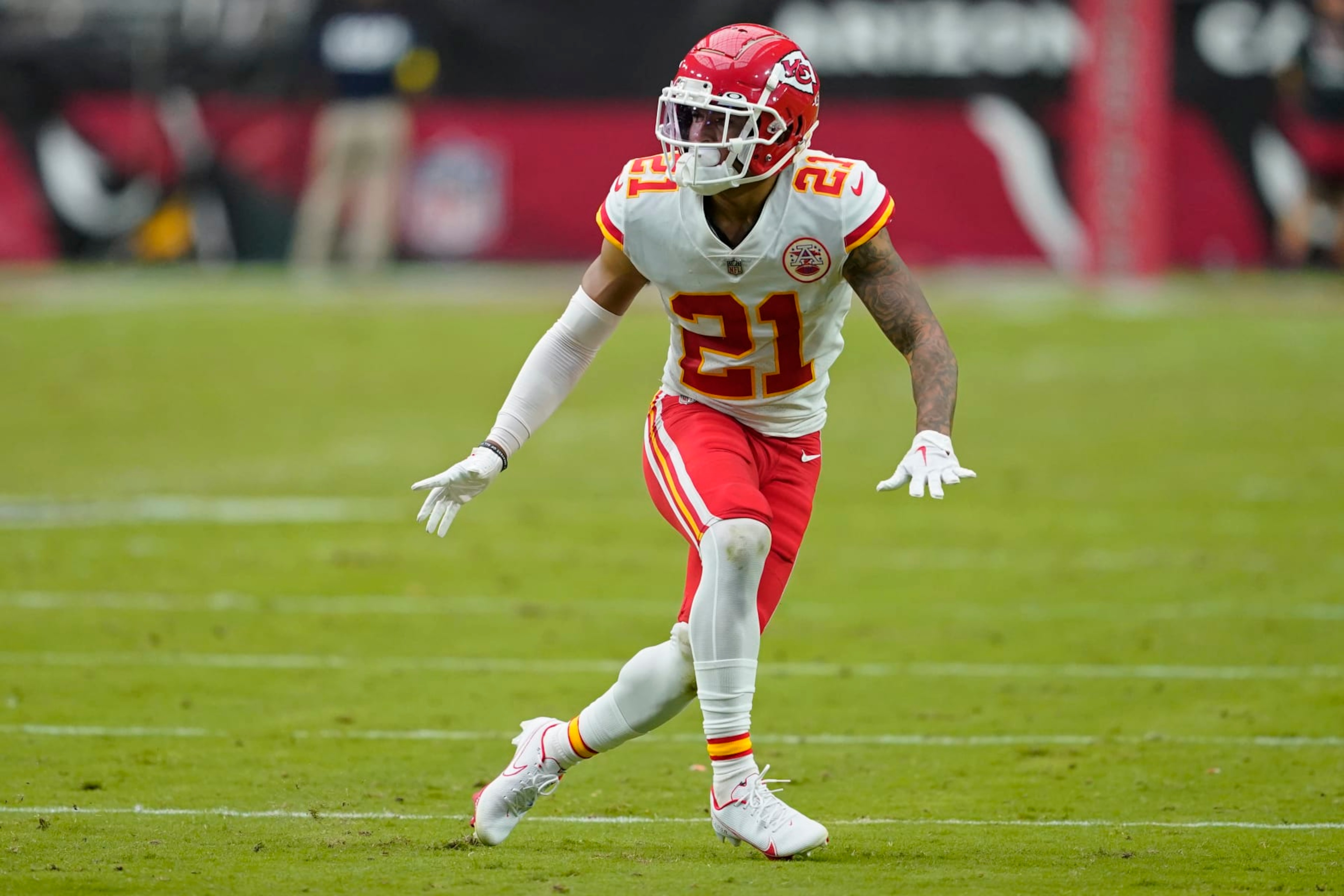 Kansas City Chiefs cornerback Trent McDuffie (21) plays against the Arizona Cardinals during the first half of an NFL football game, Sunday, Sept. 11, 2022, in Glendale, Ariz. (AP Photo/Matt York)