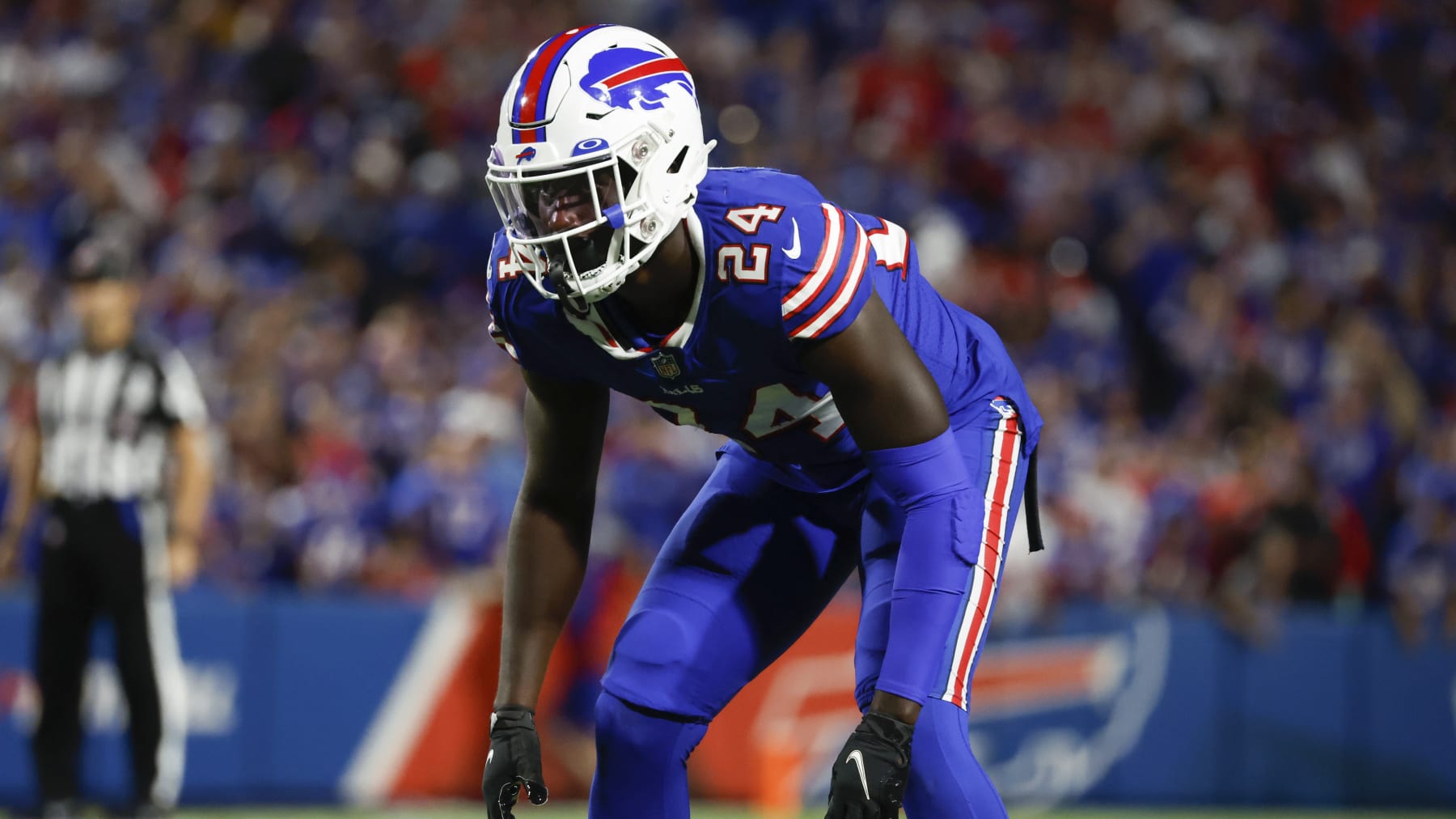 Buffalo Bills cornerback Kaiir Elam (24) during the second half of an NFL football game against the Tennessee Titans Monday, Sept. 19, 2022, in Orchard Park, N.Y. (AP Photo/Jeffrey T. Barnes)